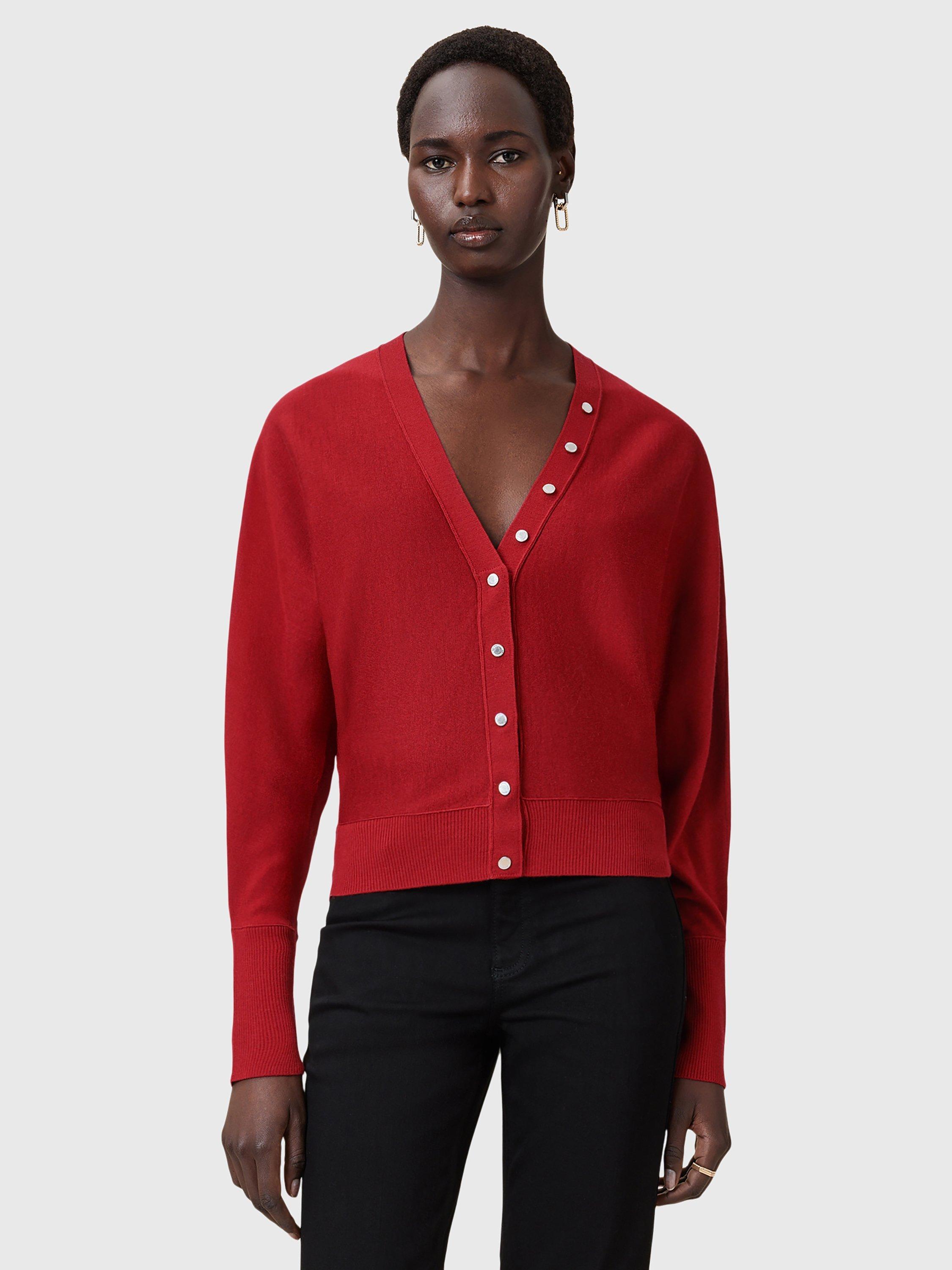 Product image 1 of 7, which shows AllSaints Honor Wool V-Neck Cardigan, Crimson Red, XS