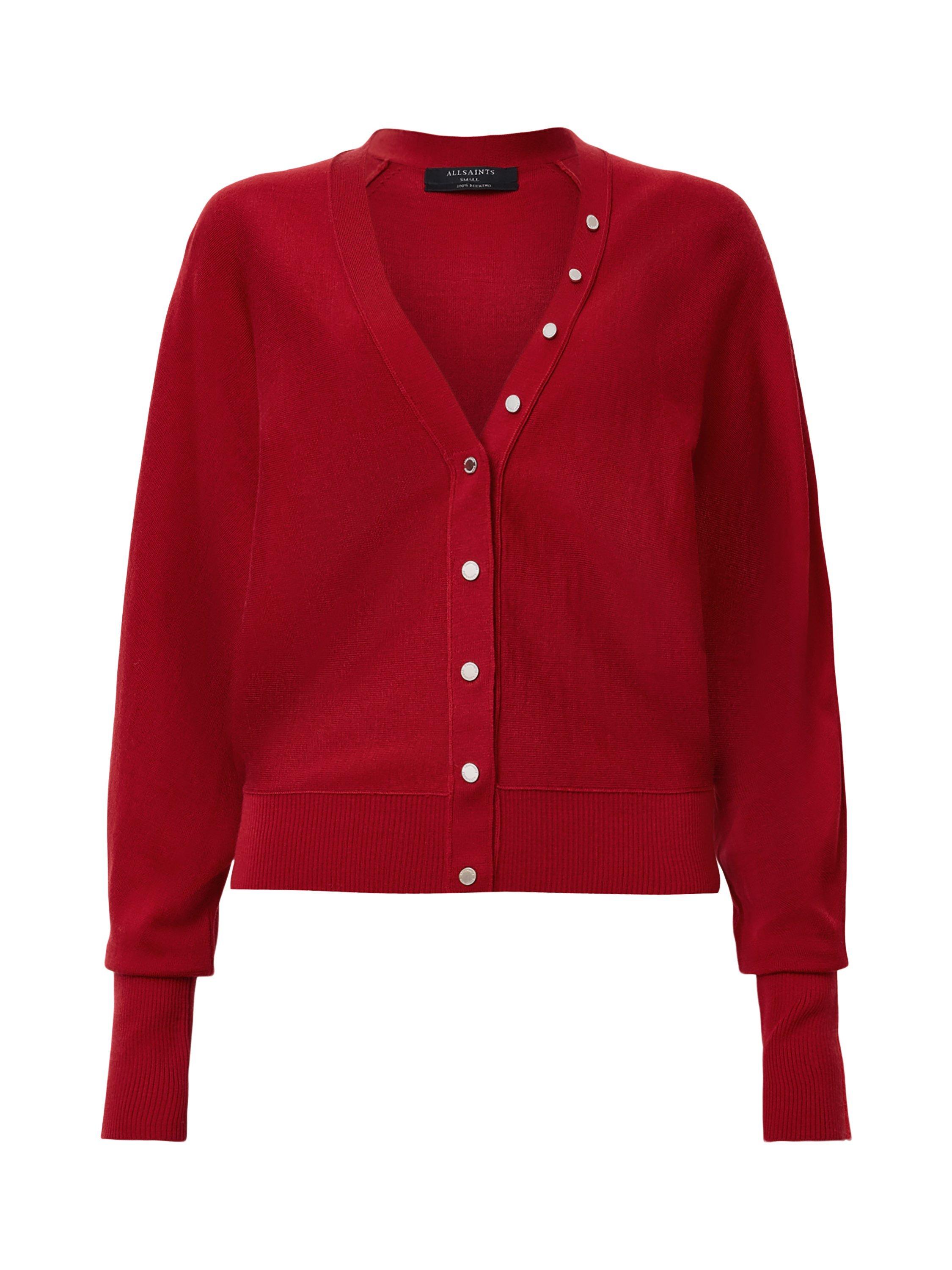 Product image 4 of 7, which shows AllSaints Honor Wool V-Neck Cardigan, Crimson Red, XS