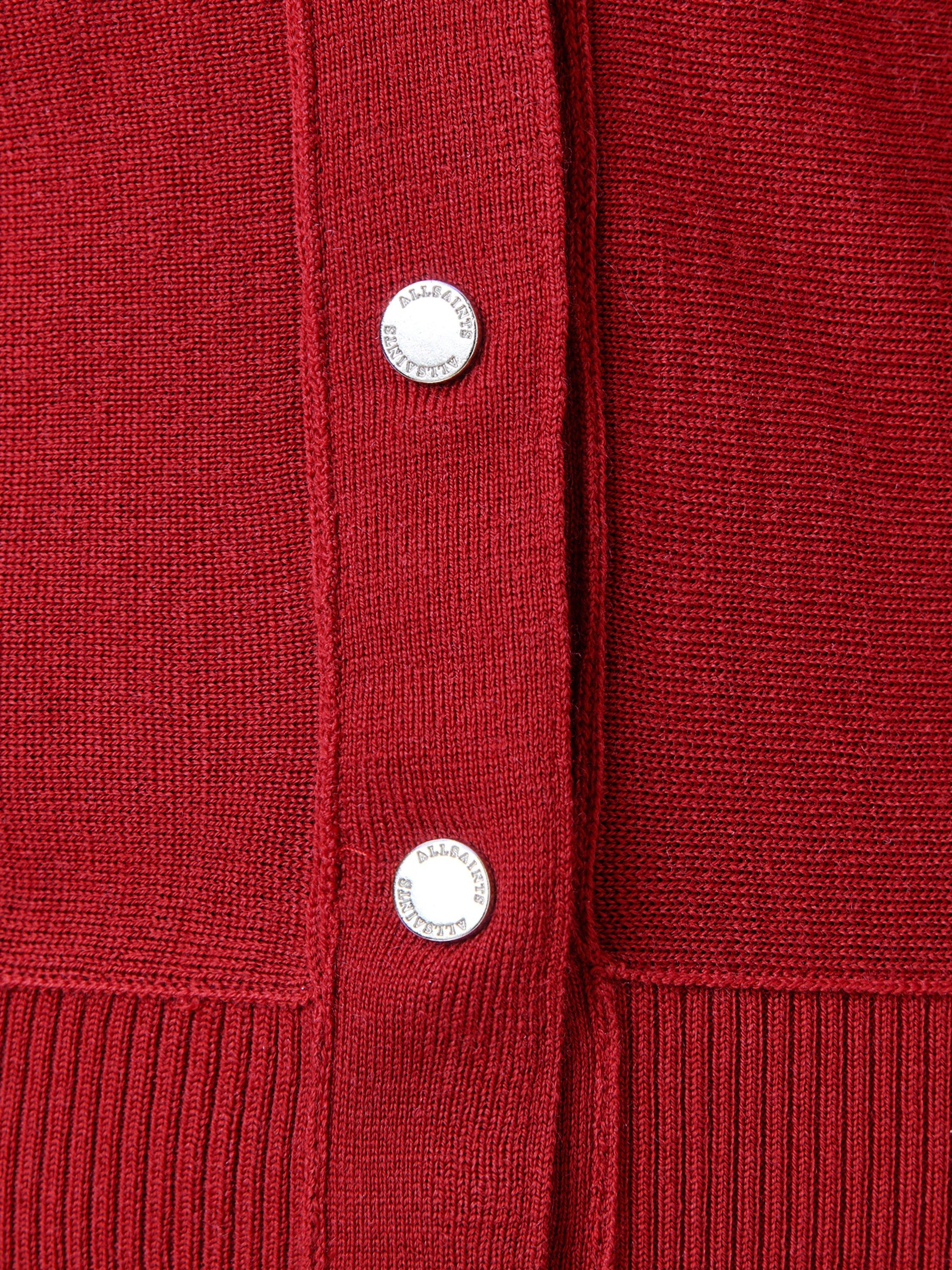 Product image 5 of 7, which shows AllSaints Honor Wool V-Neck Cardigan, Crimson Red, XS