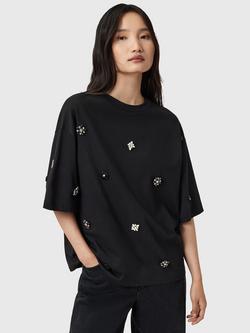 AllSaints Amelie Oversized Embellished T-Shirt, Black, Black