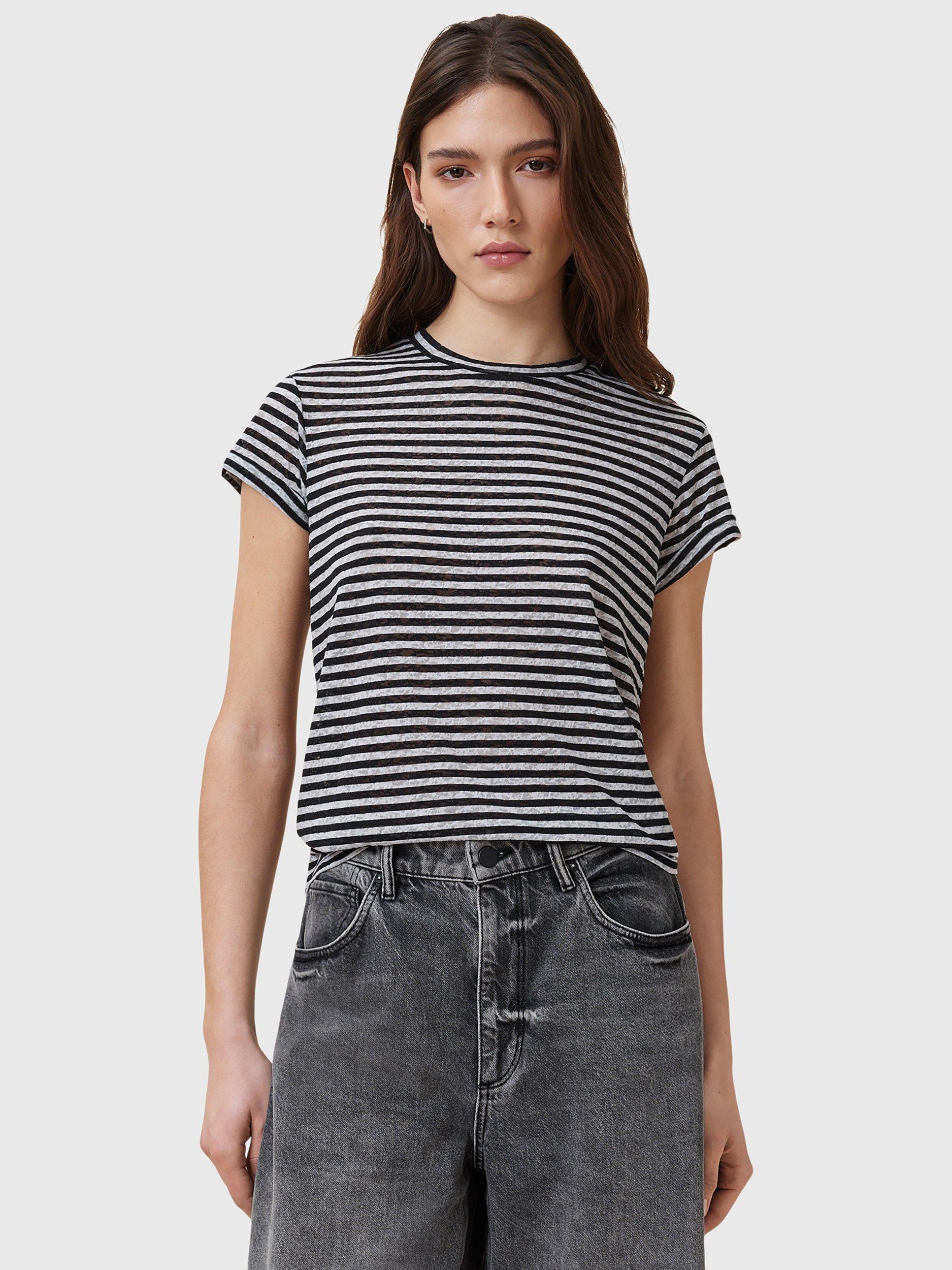 Product image 1 of 7, which shows AllSaints Anna Stripe T-Shirt, Chalk/Ink, L