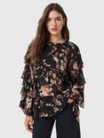 AllSaints Lissie Floral Ruffle Silk Blend Blouse, Armada Black/Multi