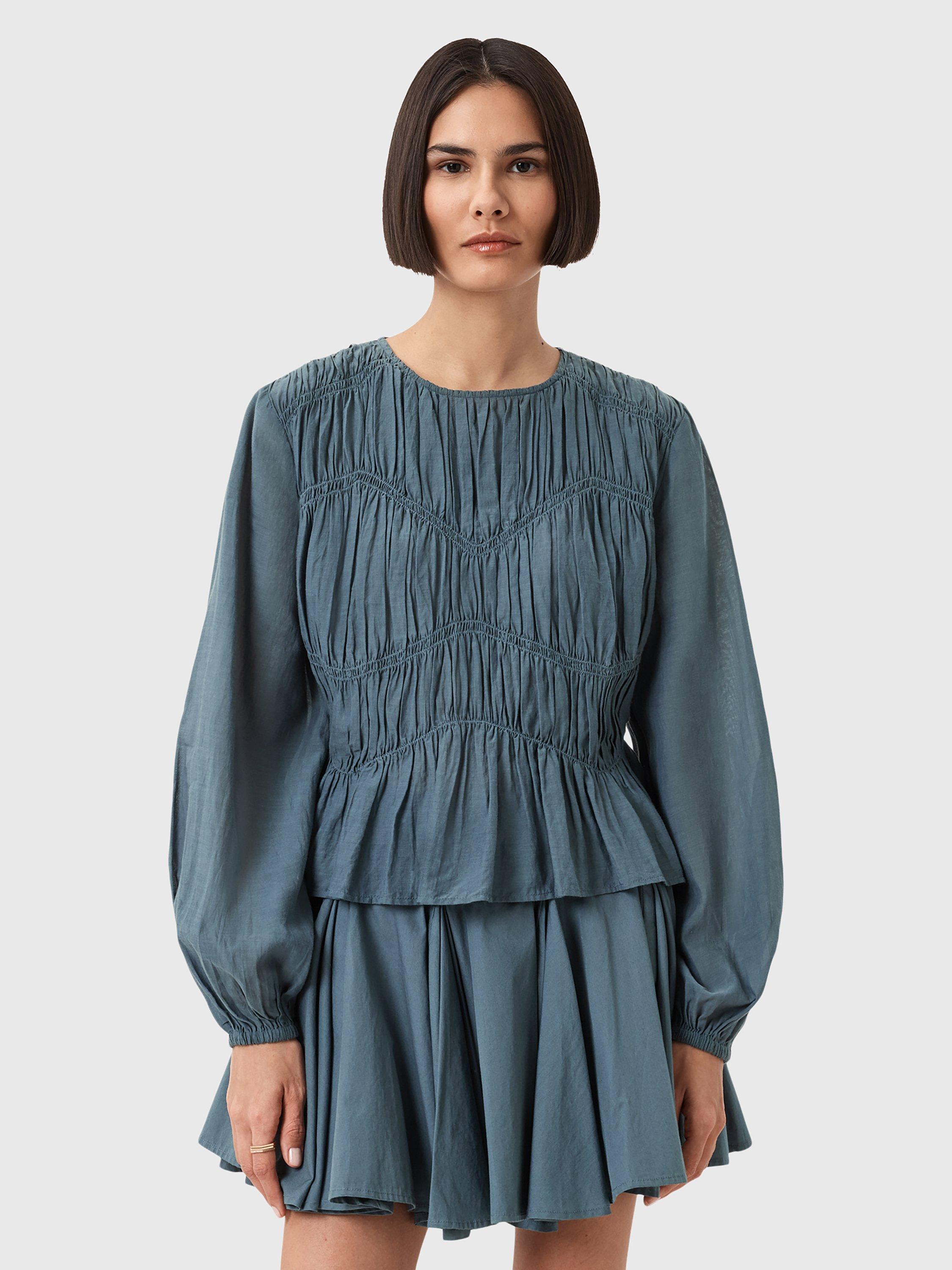Product image 1 of 7, which shows AllSaints Melani Organic Cotton Blend Ruched Blouse, Dark Slate Blue, 10