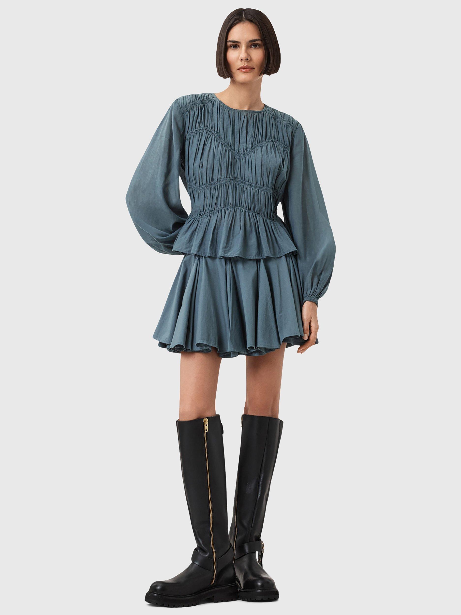 Product image 3 of 7, which shows AllSaints Melani Organic Cotton Blend Ruched Blouse, Dark Slate Blue, 10