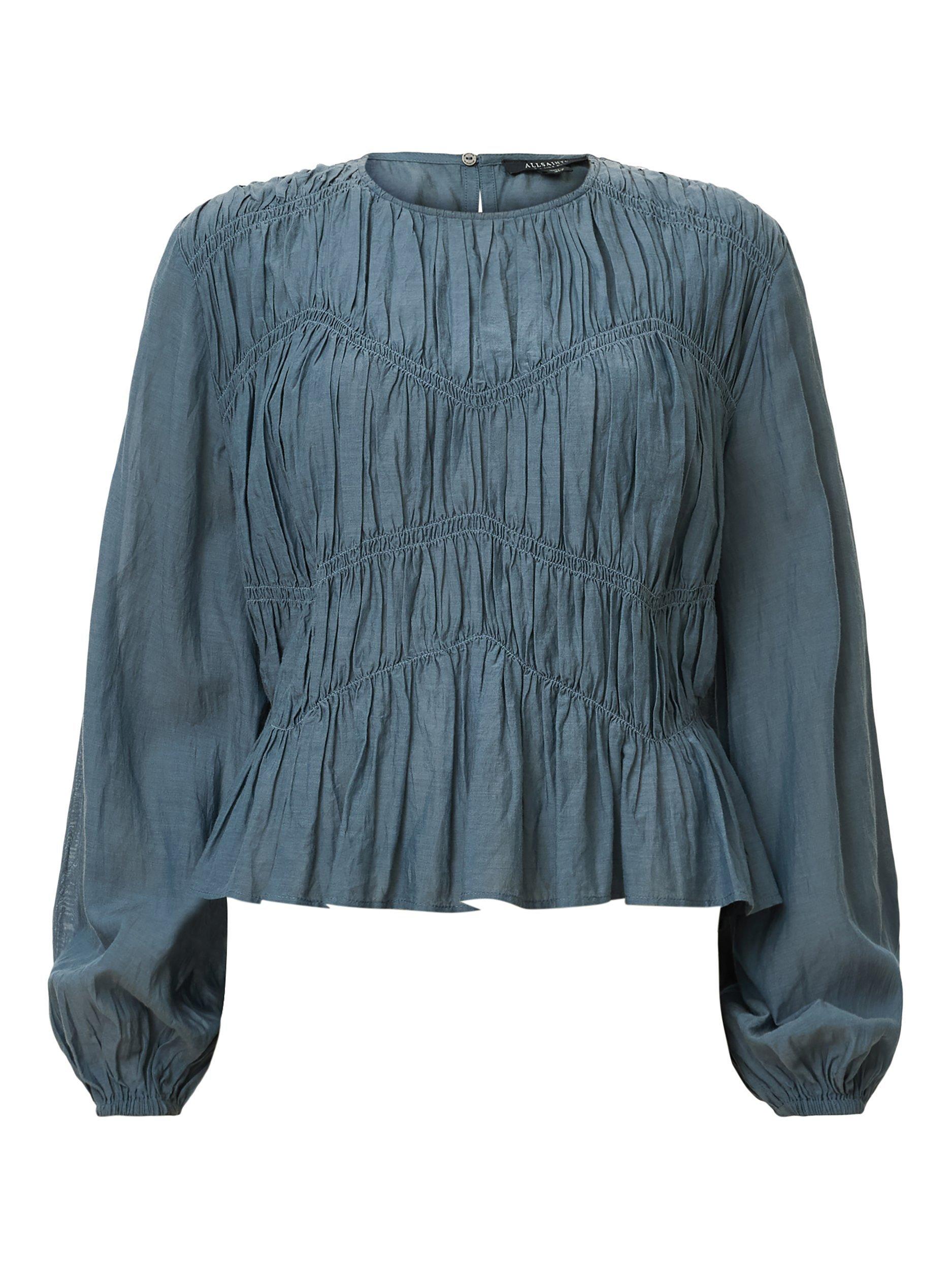Product image 4 of 7, which shows AllSaints Melani Organic Cotton Blend Ruched Blouse, Dark Slate Blue, 10