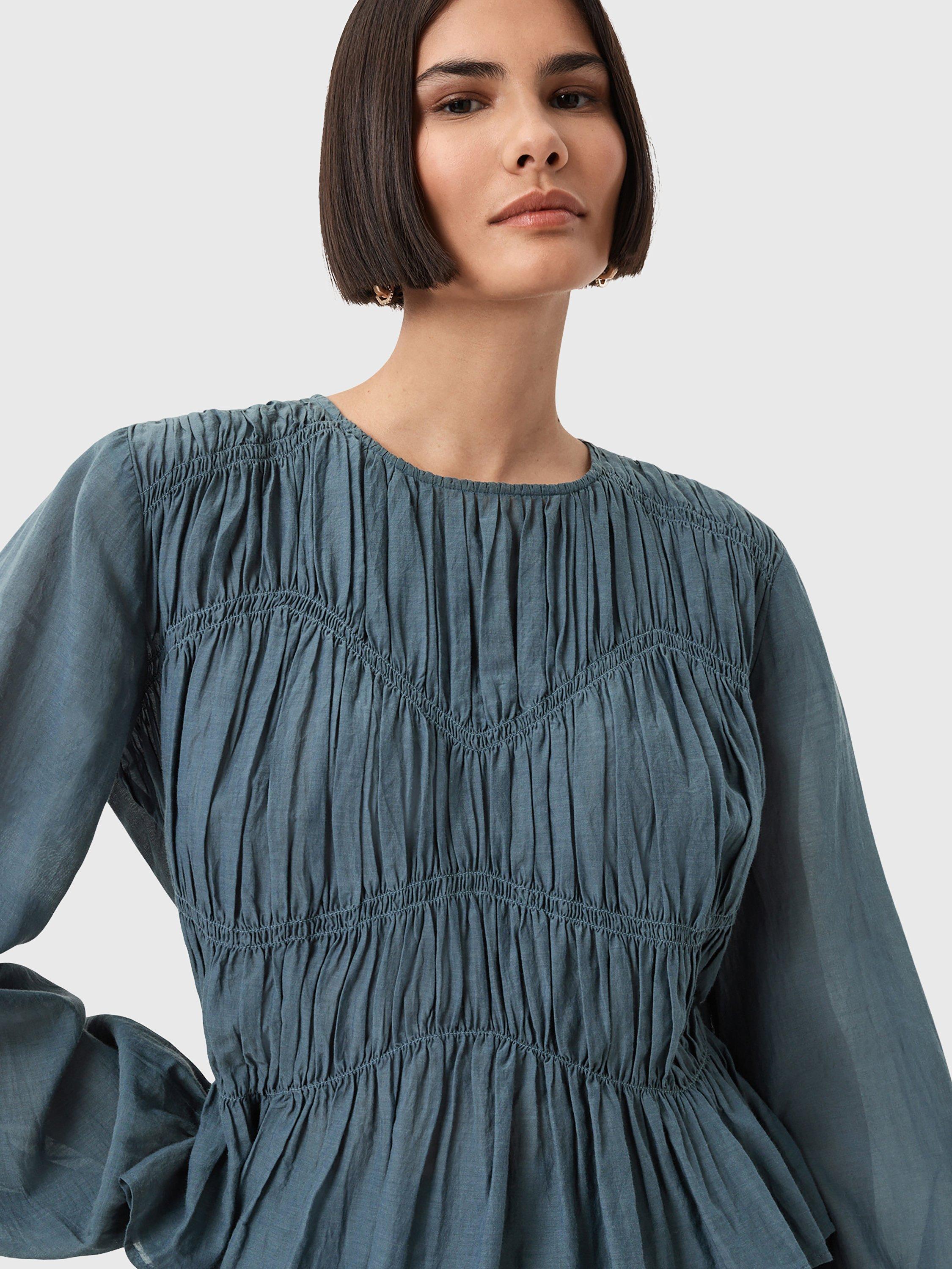 Product image 6 of 7, which shows AllSaints Melani Organic Cotton Blend Ruched Blouse, Dark Slate Blue, 10