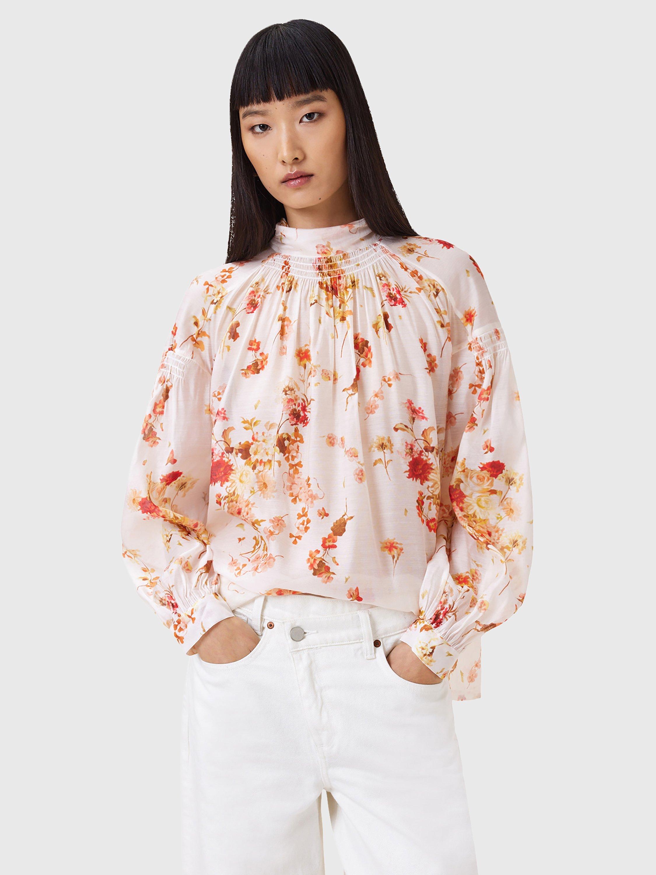 Product image 1 of 9, which shows AllSaints Pearla Floral Silk Blend Blouse, Armada White/Multi, 8