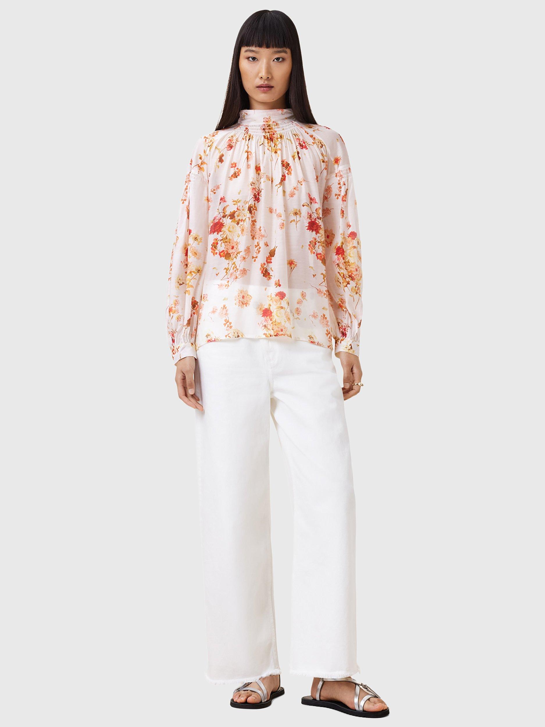 Product image 3 of 9, which shows AllSaints Pearla Floral Silk Blend Blouse, Armada White/Multi, 8