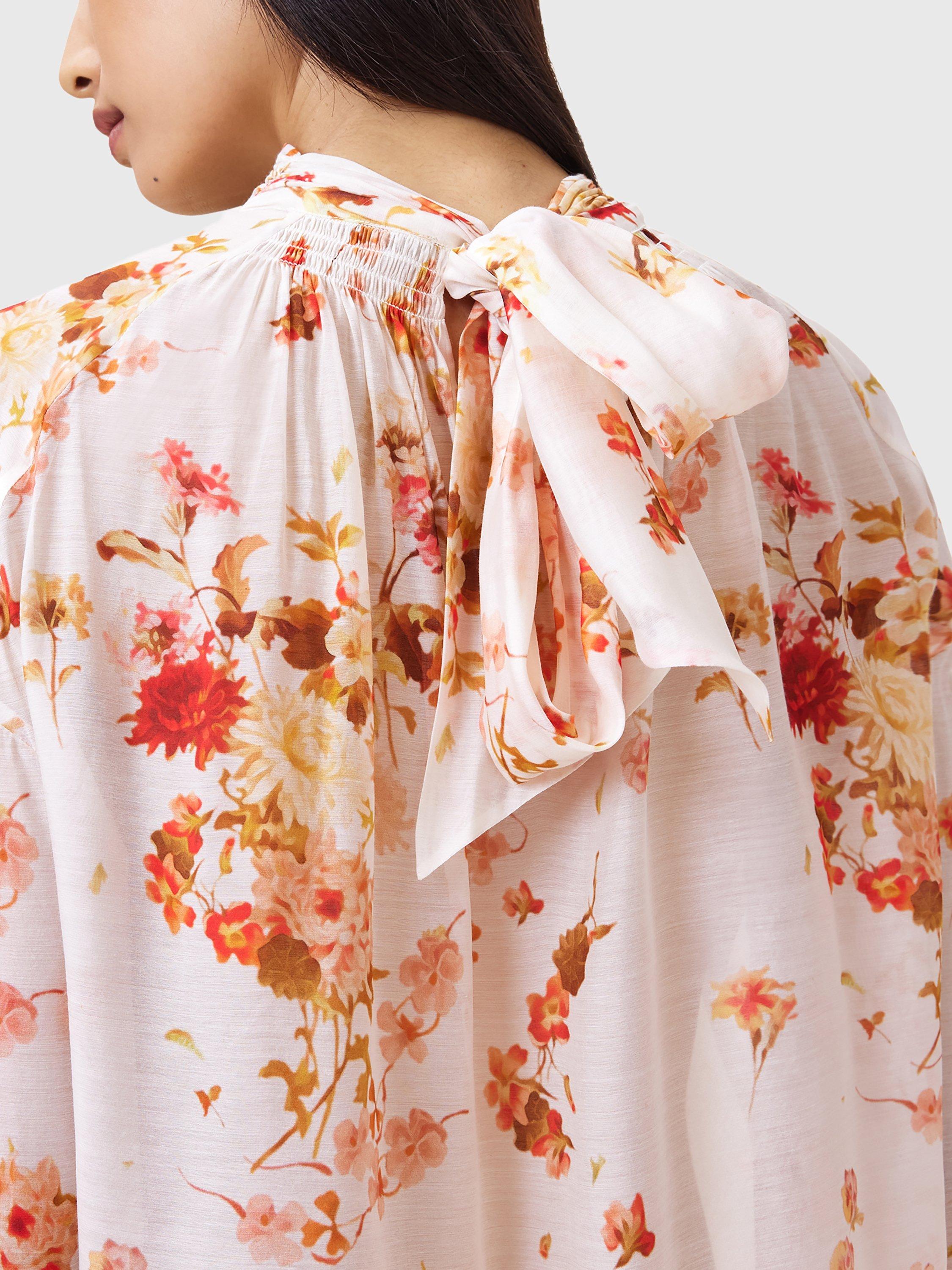 Product image 6 of 9, which shows AllSaints Pearla Floral Silk Blend Blouse, Armada White/Multi, 8