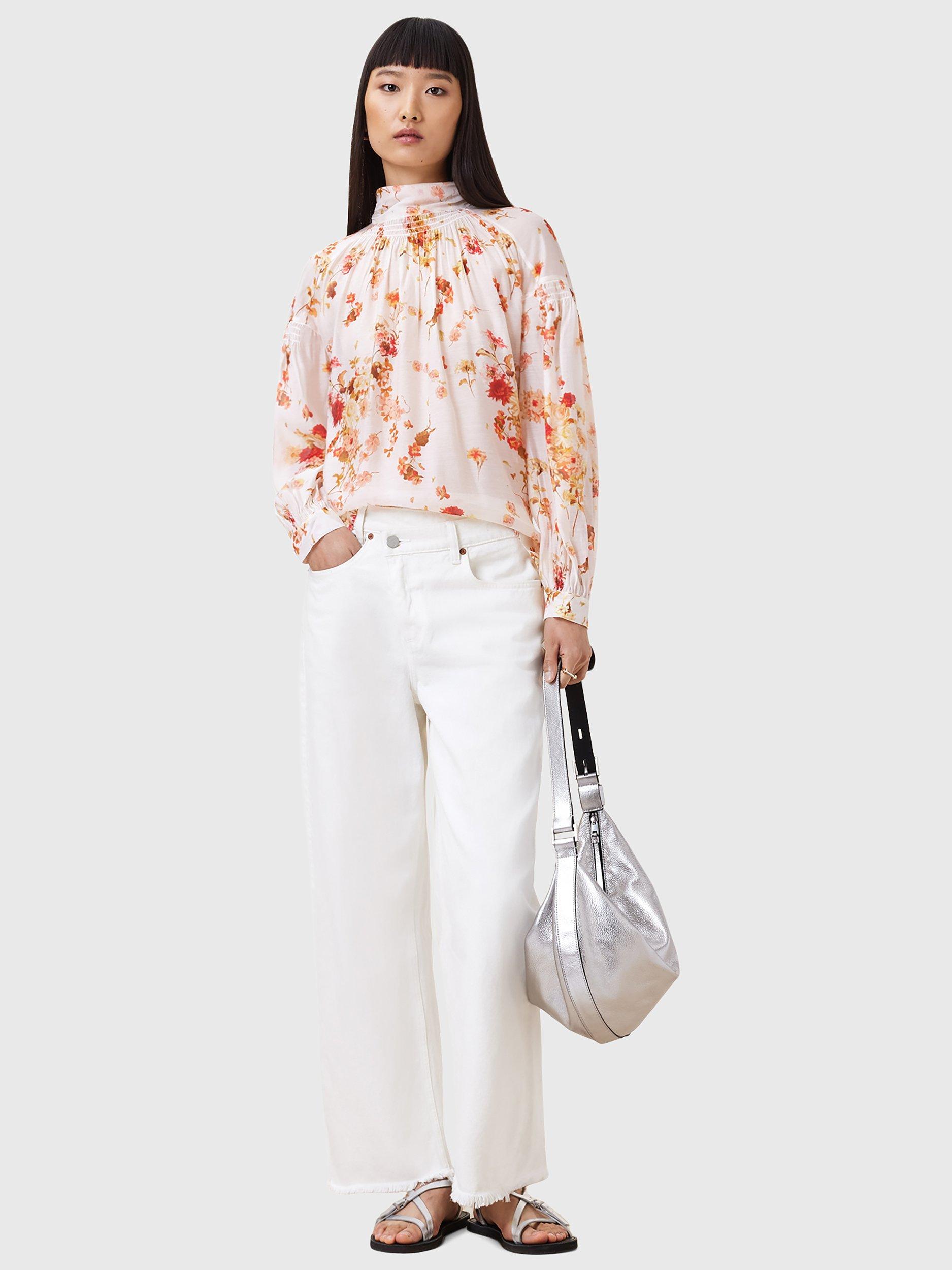 Product image 7 of 9, which shows AllSaints Pearla Floral Silk Blend Blouse, Armada White/Multi, 8
