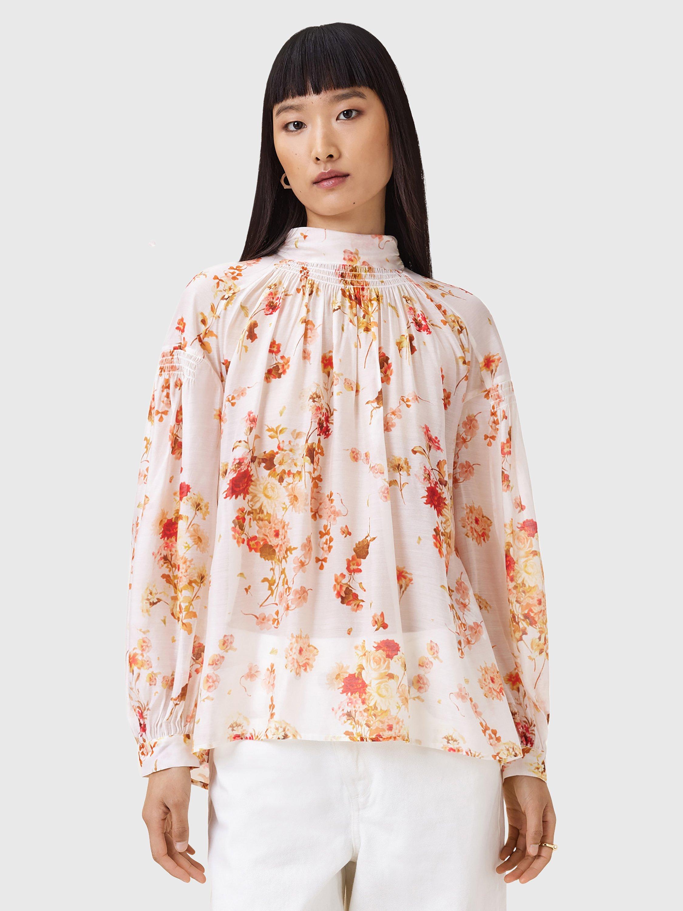 Product image 9 of 9, which shows AllSaints Pearla Floral Silk Blend Blouse, Armada White/Multi, 8