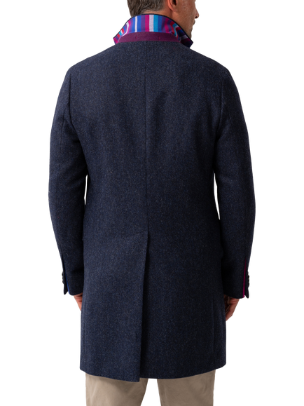 KOY Single Breasted Herringbone Wool Coat, Navy - view 2, Navy