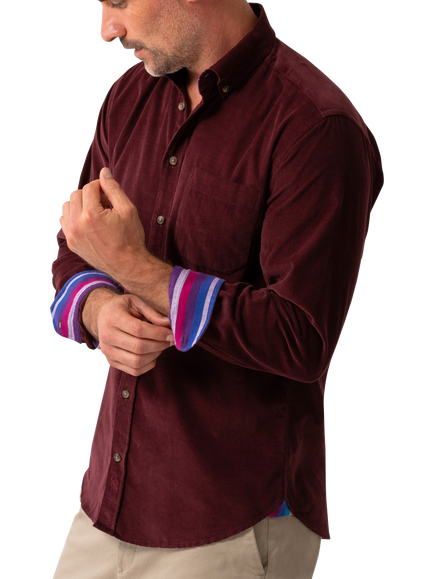 KOY Cotton Regular Fit Striped African Kikoy Needle Corduroy Shirt, Red Burgundy - view 2, Red Burgundy