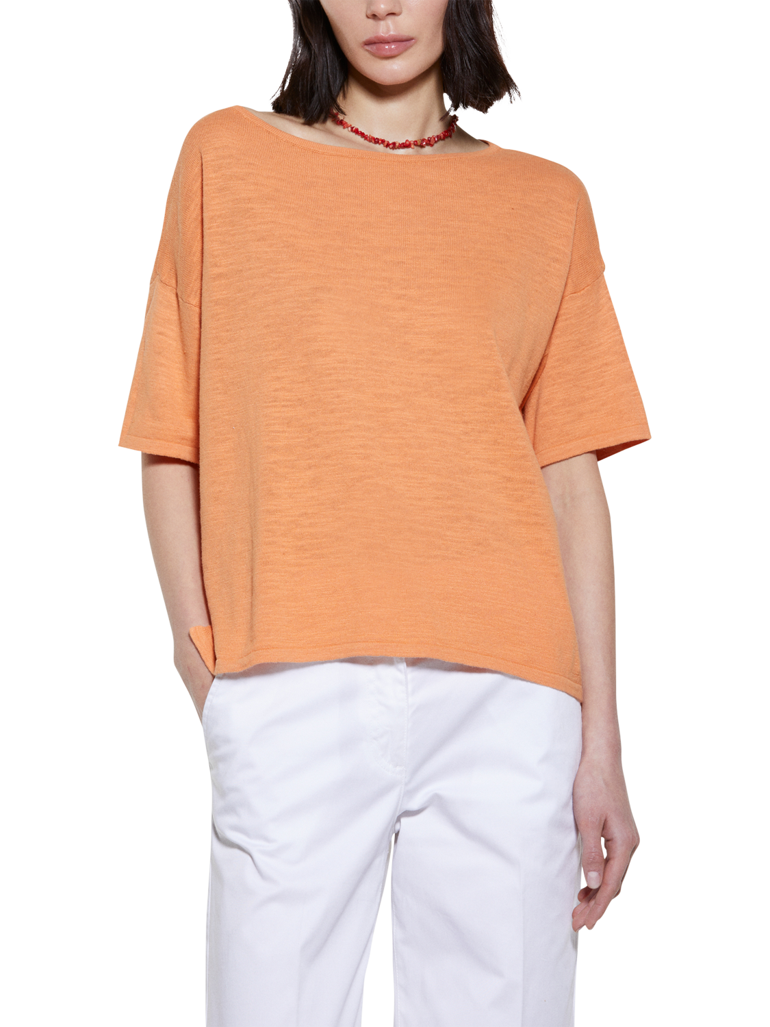 Product image 1 of 4, which shows SISLEY Oversized Wide Neck T-Shirt, Orange, S