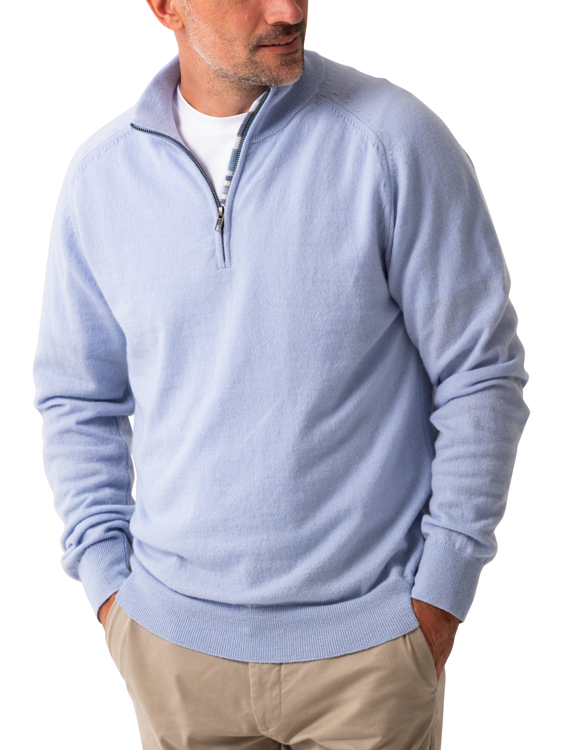 Product image 1 of 8, which shows KOY Wool & Cashmere Blend Quarter Zip Jumper, Light Blue, S