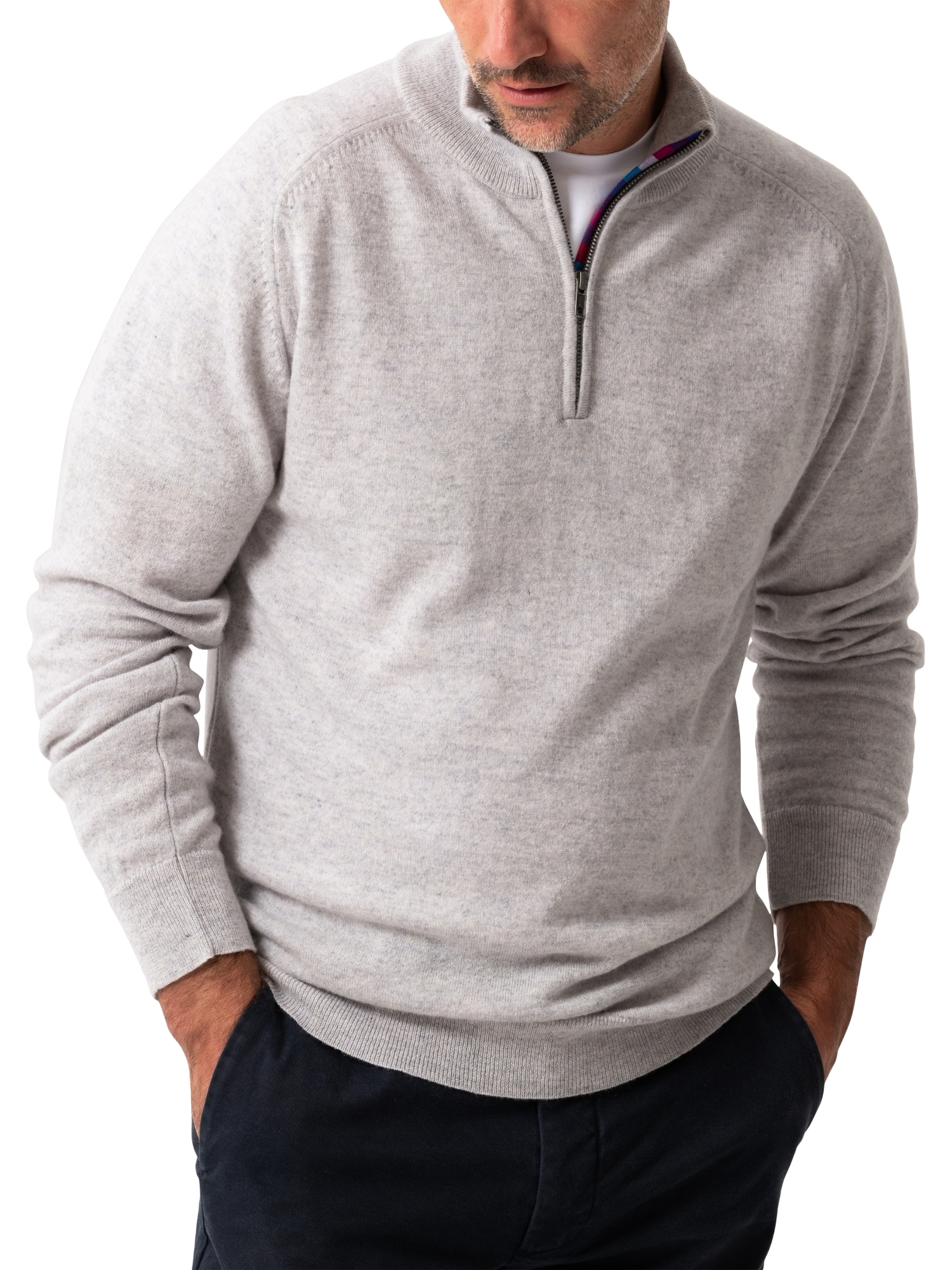 Product image 1 of 7, which shows KOY Wool & Cashmere Blend Quarter Zip Jumper, Grey Light, S