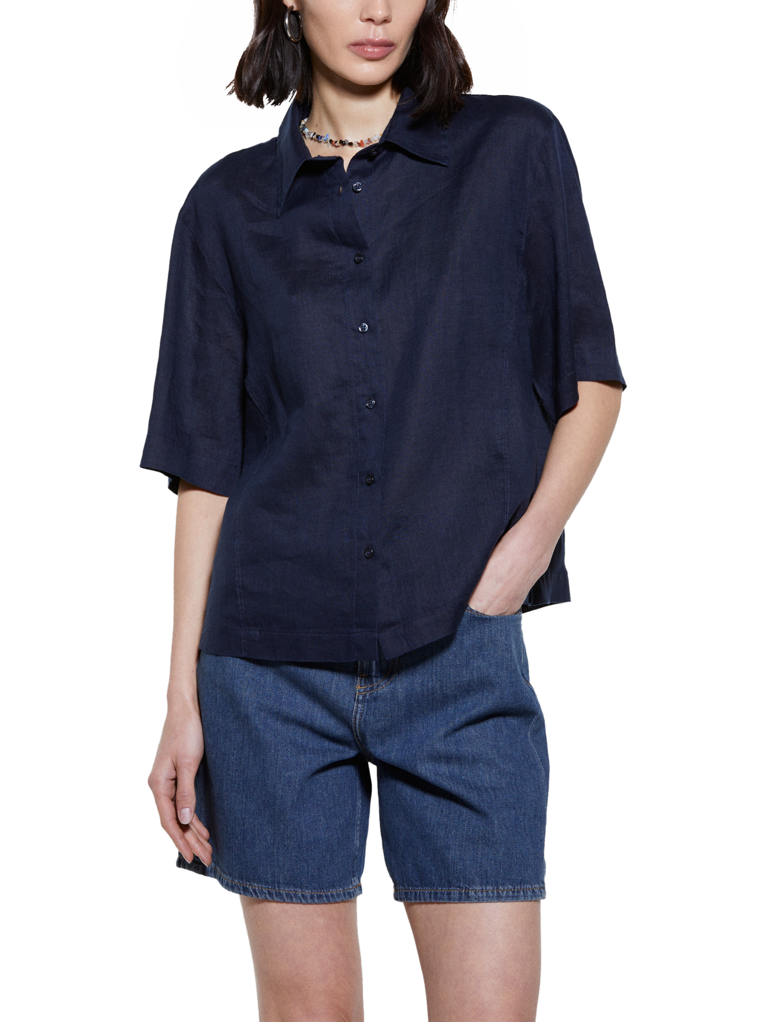 Product image 1 of 5, which shows SISLEY Short Sleeve Pure Linen Shirt, Navy, XS
