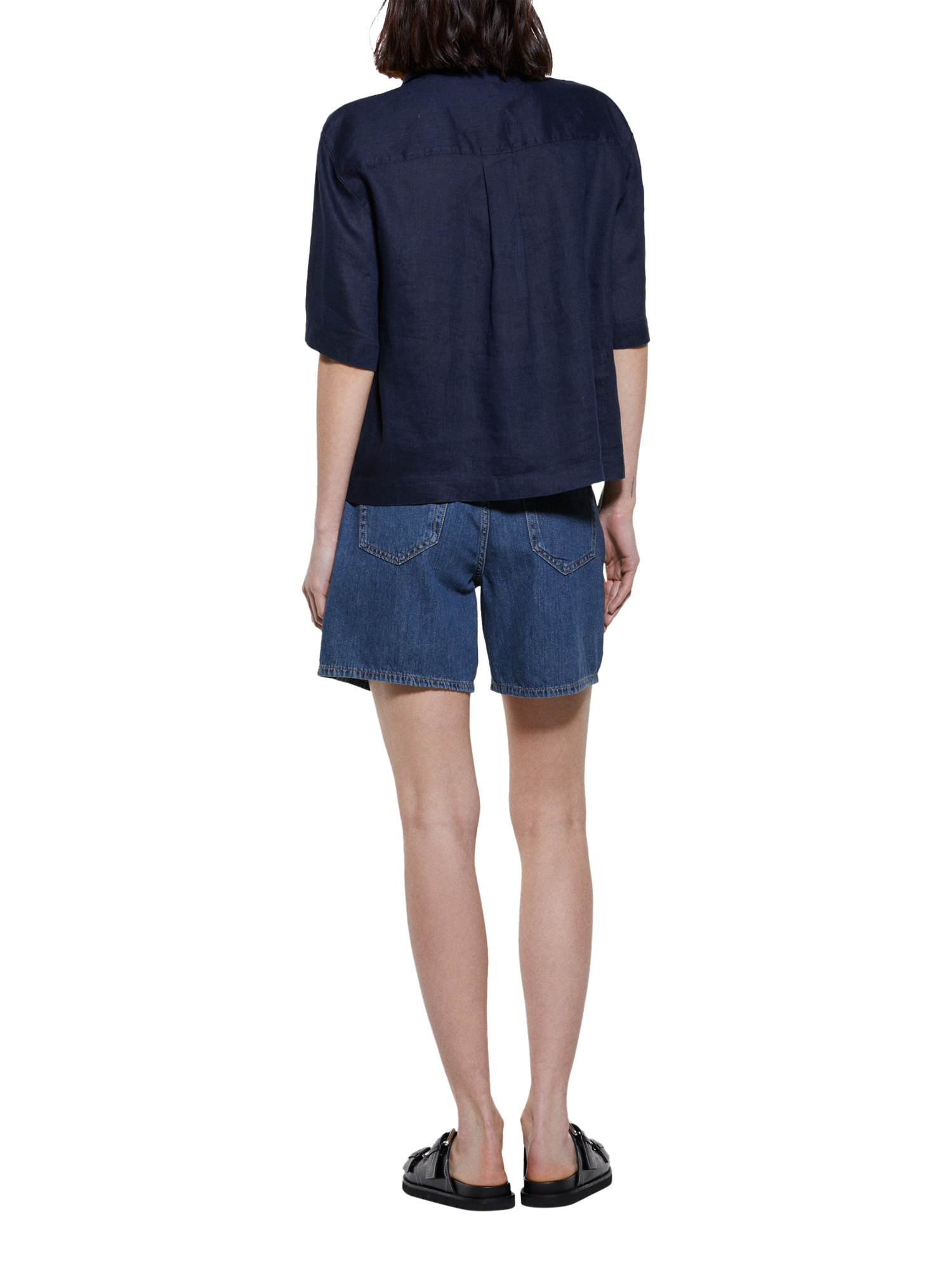 Product image 2 of 5, which shows SISLEY Short Sleeve Pure Linen Shirt, Navy, XS