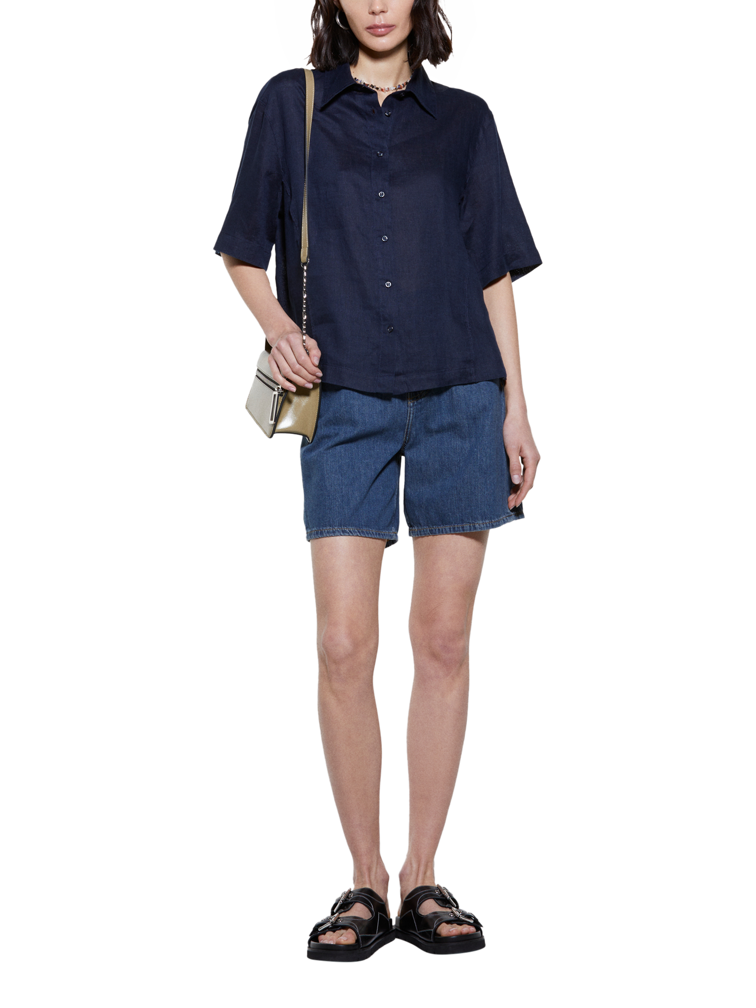 Product image 3 of 5, which shows SISLEY Short Sleeve Pure Linen Shirt, Navy, XS