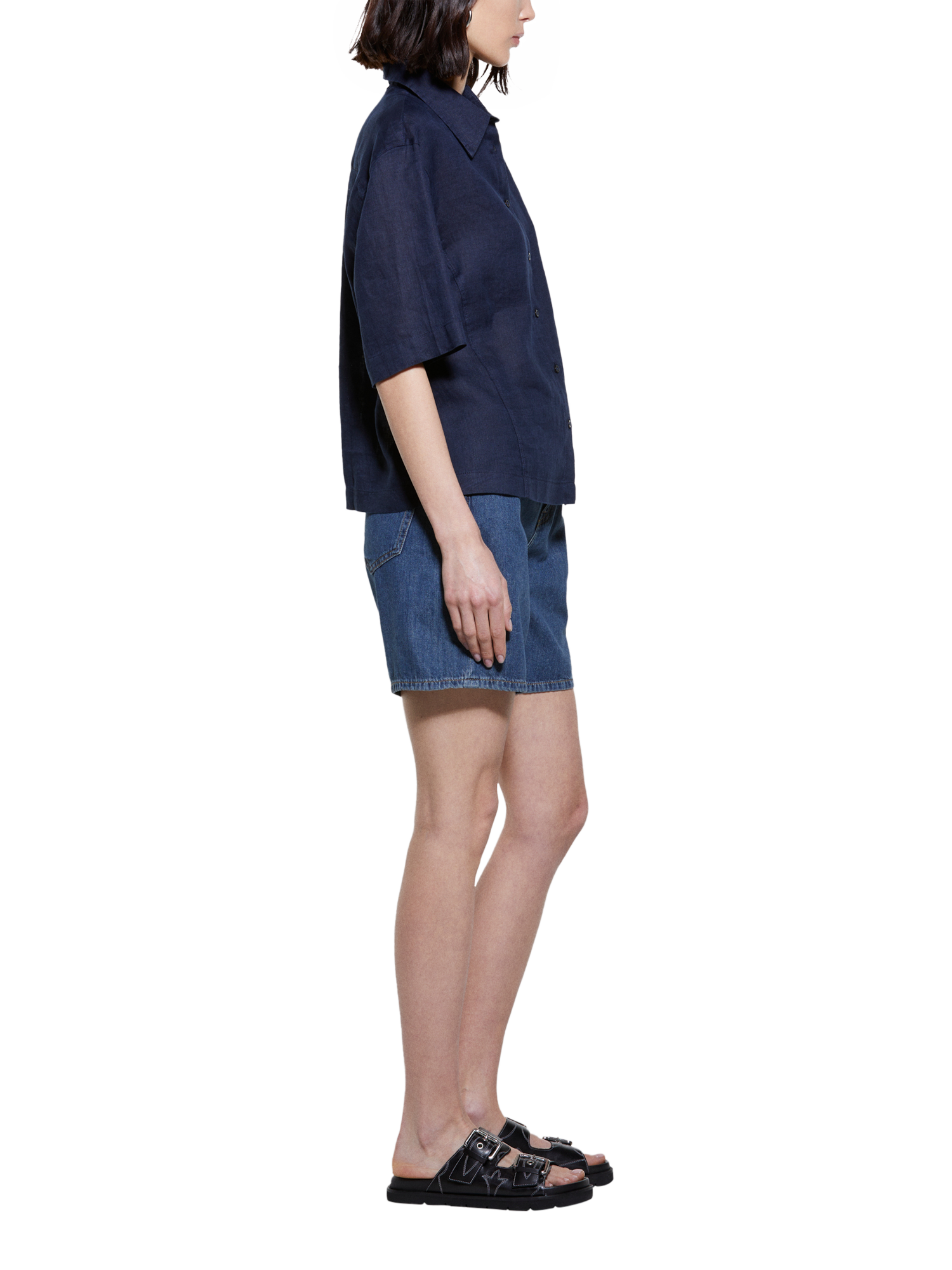 Product image 4 of 5, which shows SISLEY Short Sleeve Pure Linen Shirt, Navy, XS