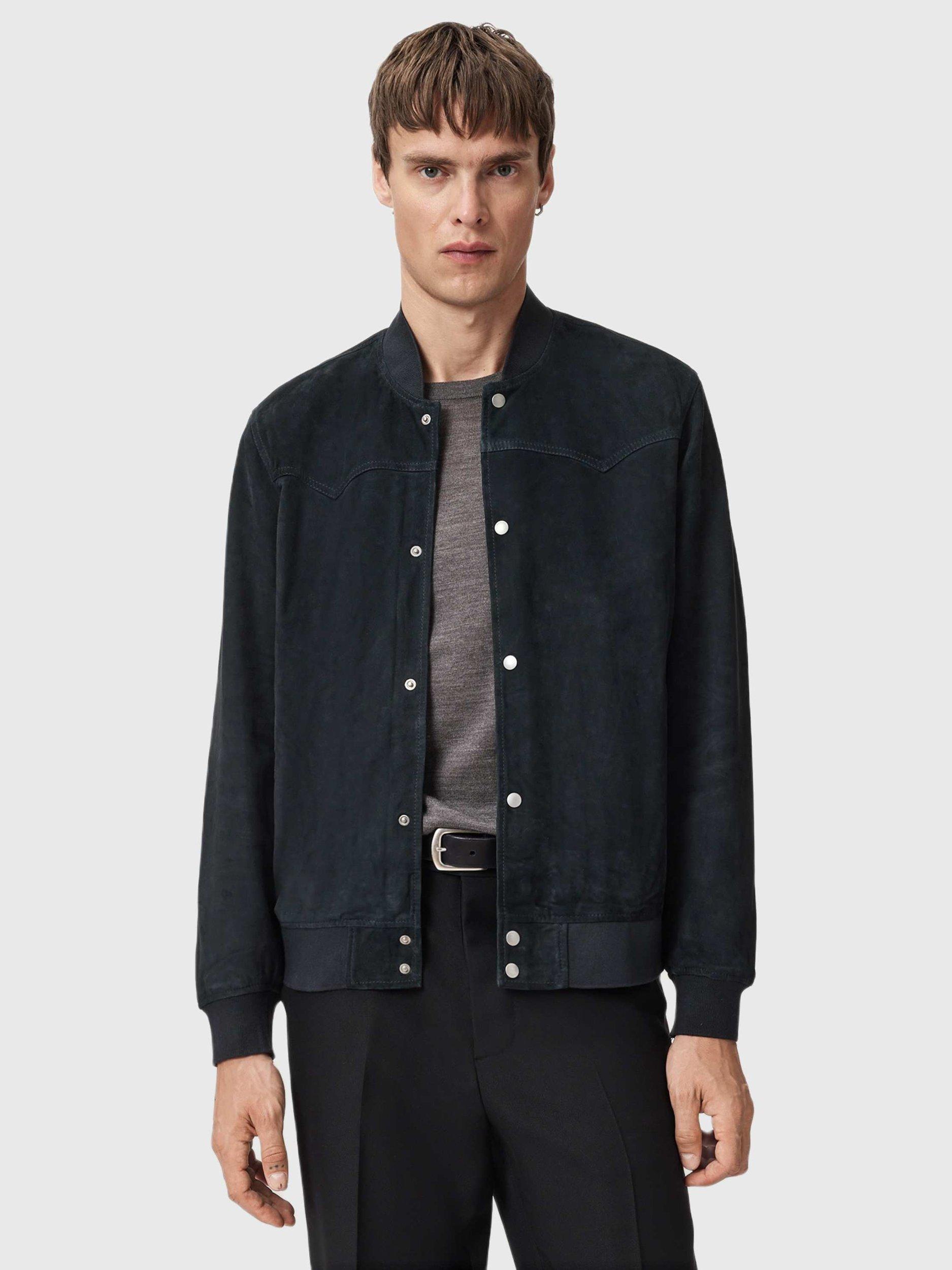 Product image 1 of 7, which shows AllSaints Stafford Realxed Fit Suede Bomber Jacket, Phantom Blue, L