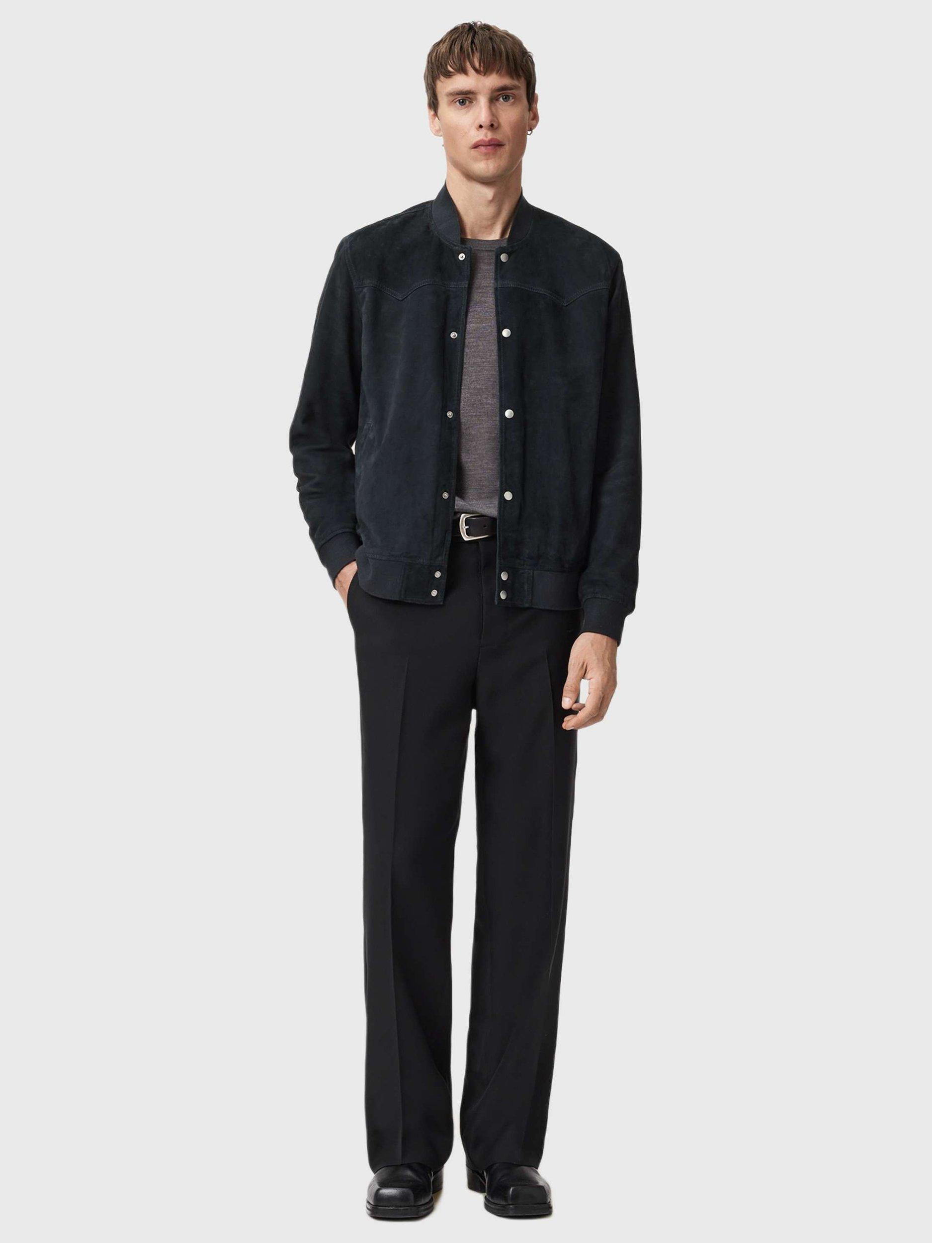 Product image 3 of 7, which shows AllSaints Stafford Realxed Fit Suede Bomber Jacket, Phantom Blue, L