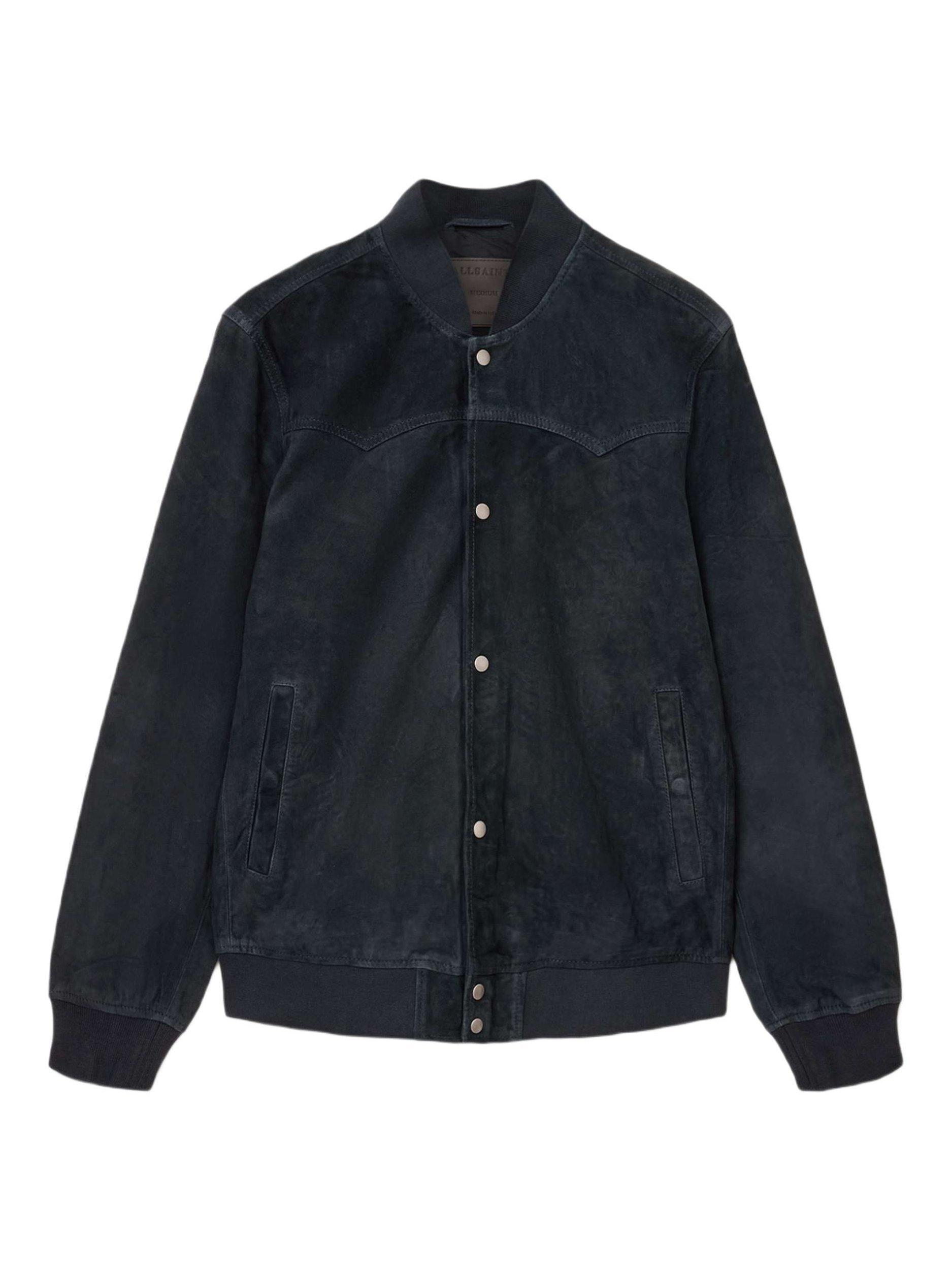 Product image 4 of 7, which shows AllSaints Stafford Realxed Fit Suede Bomber Jacket, Phantom Blue, L