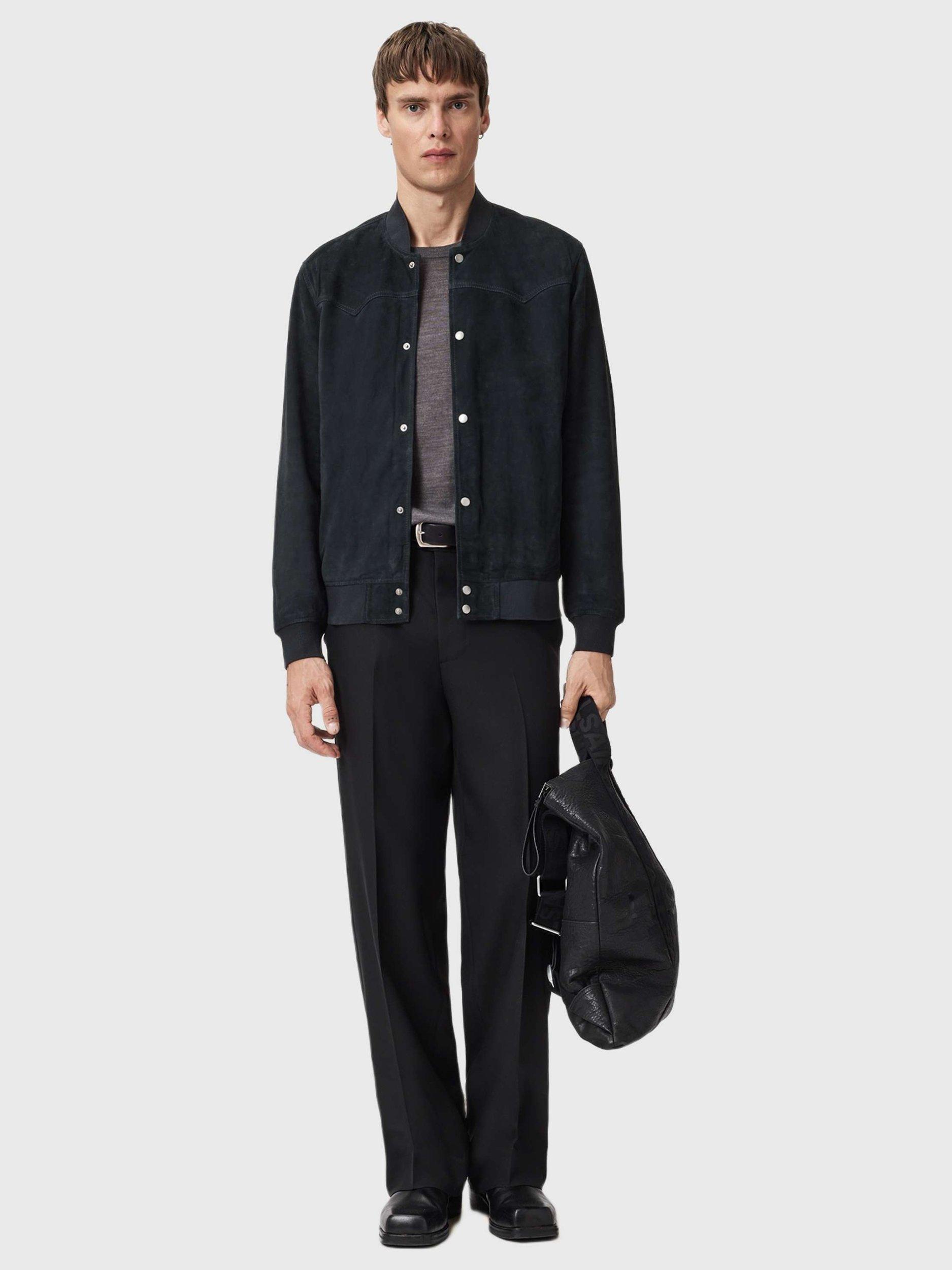 Product image 6 of 7, which shows AllSaints Stafford Realxed Fit Suede Bomber Jacket, Phantom Blue, L