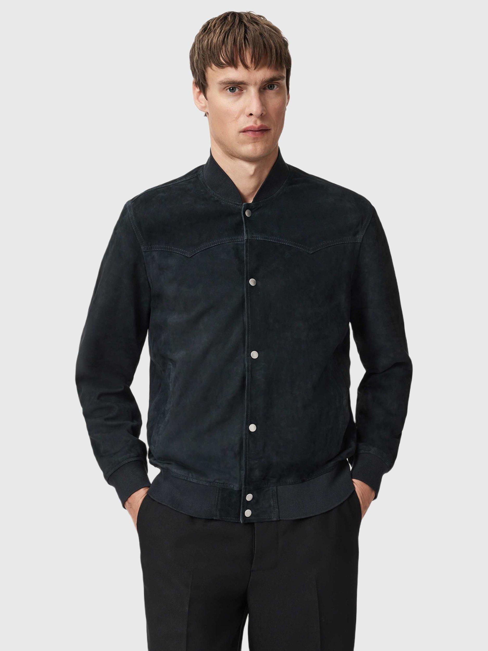 Product image 7 of 7, which shows AllSaints Stafford Realxed Fit Suede Bomber Jacket, Phantom Blue, L