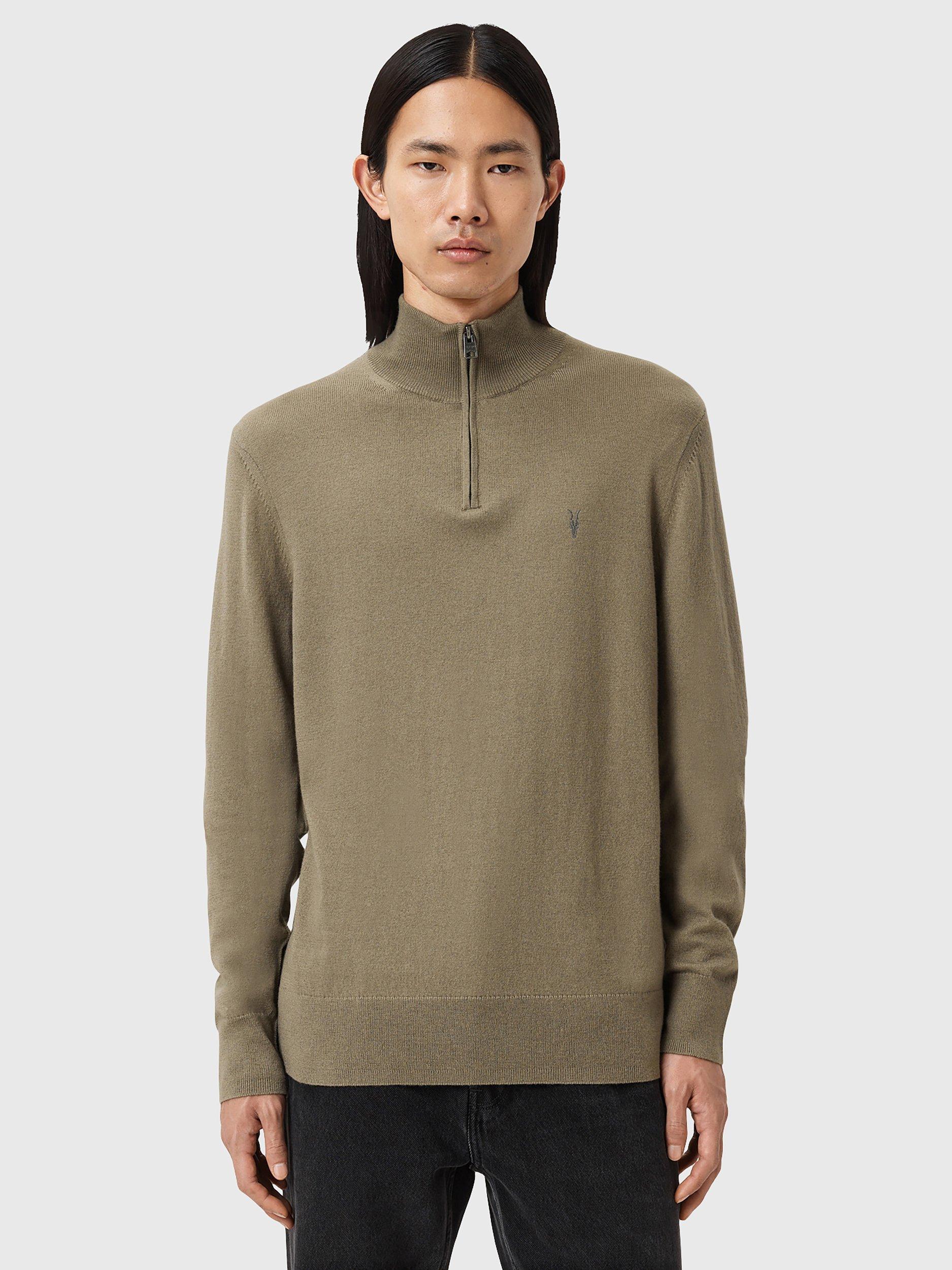 Product image 1 of 1, which shows AllSaints Kilburn Wool Blend Zip Neck Jumper, Green Mid, L