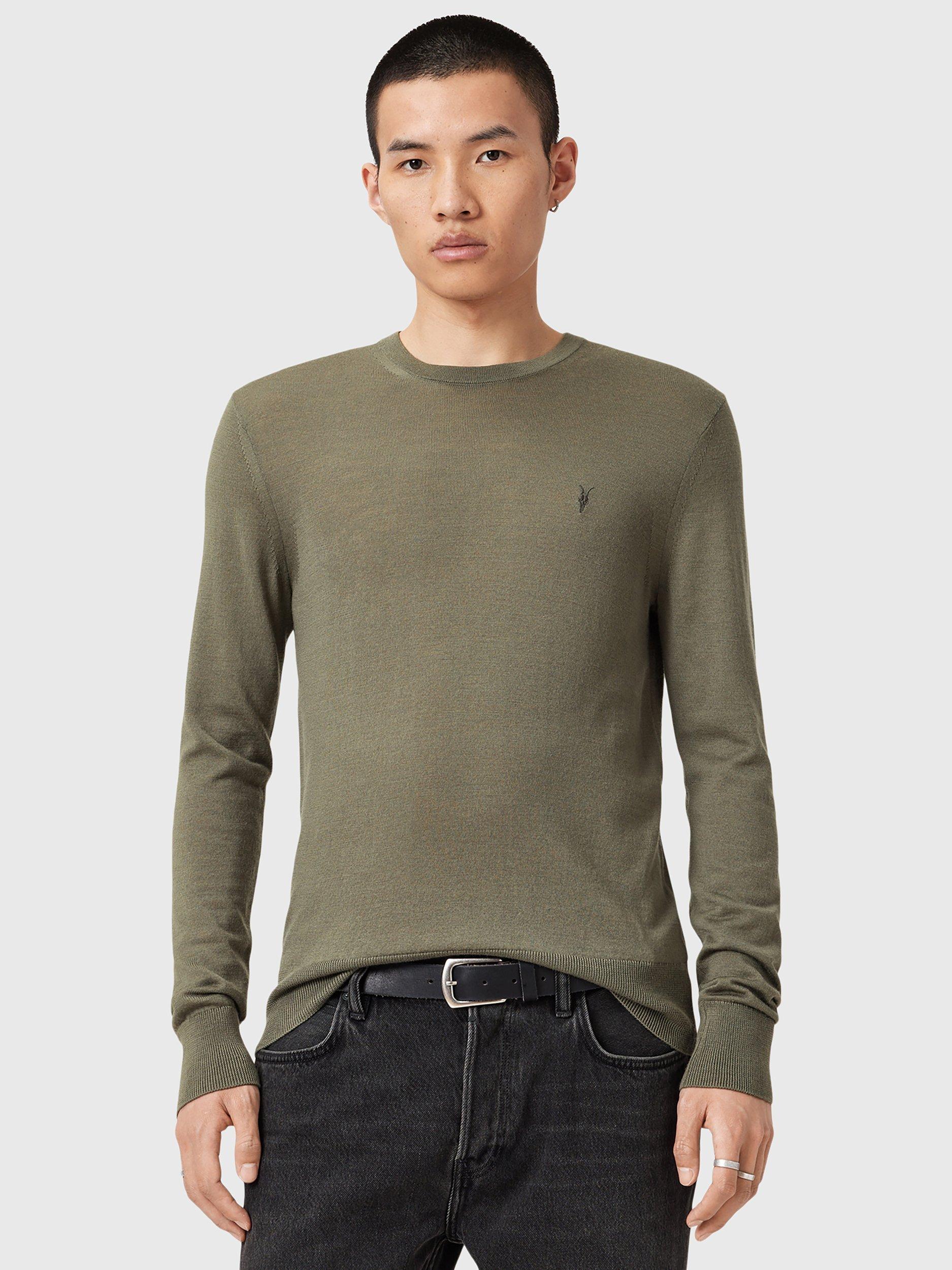 Product image 1 of 9, which shows AllSaints Mode Merino Crew Neck Jumper, Green Mid, L