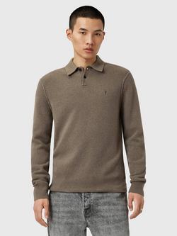 AllSaints Statten Viscose Blend Regular Fit Long Sleeve Polo Shirt, Green Mid, Green Mid