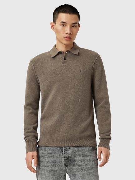 AllSaints Statten Viscose Blend Regular Fit Long Sleeve Polo Shirt, Green Mid, Green Mid