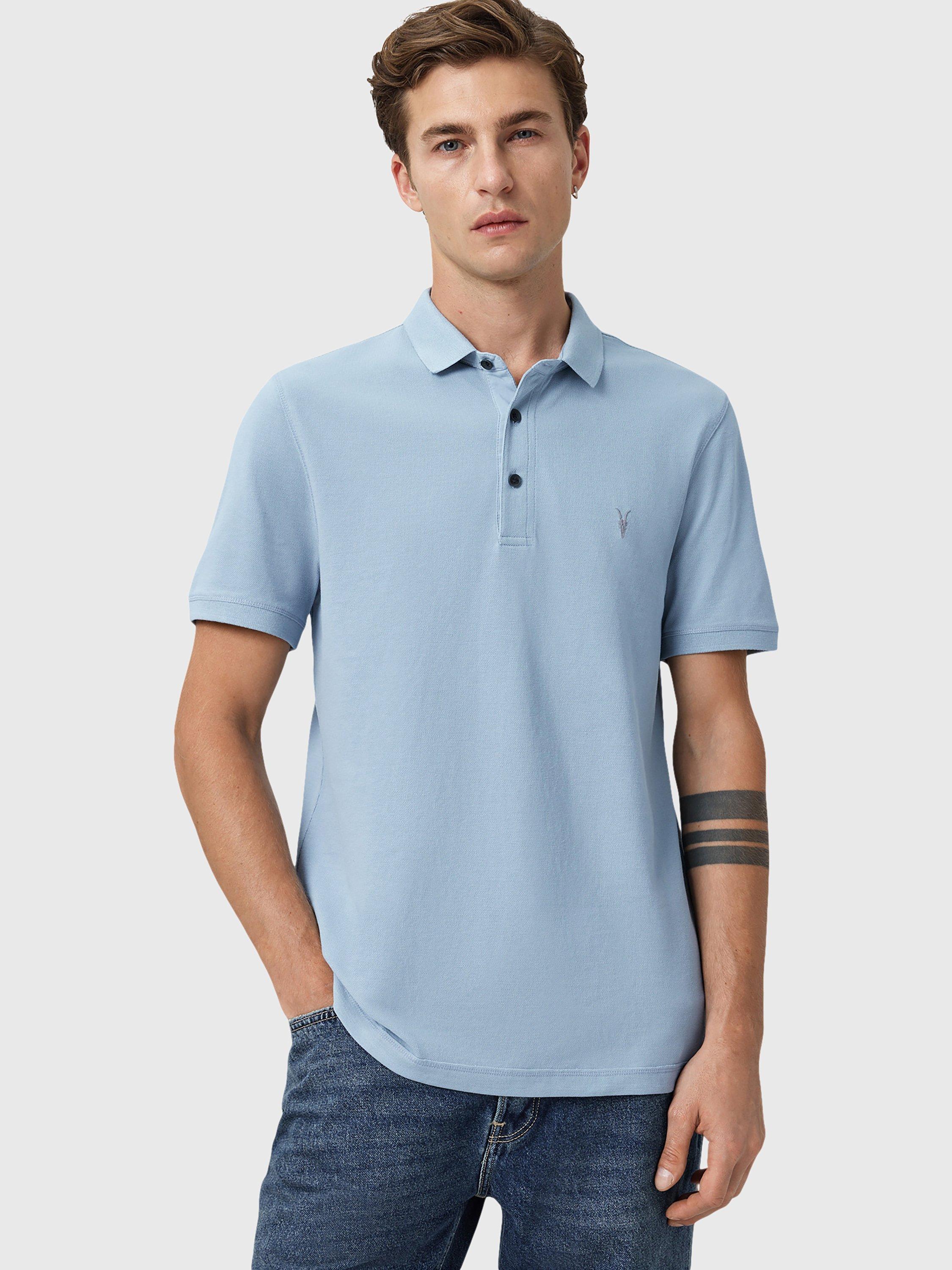 Product image 1 of 7, which shows AllSaints Reform Slim Fit Cotton Polo Shirt, Light Blue, XS
