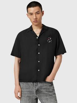 AllSaints Fungi Viscose Regular Fit Embroidered Logo Shirt, Black, Black Black