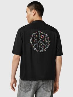 AllSaints Fungi Viscose Regular Fit Embroidered Logo Shirt, Black - view 2, Black Black