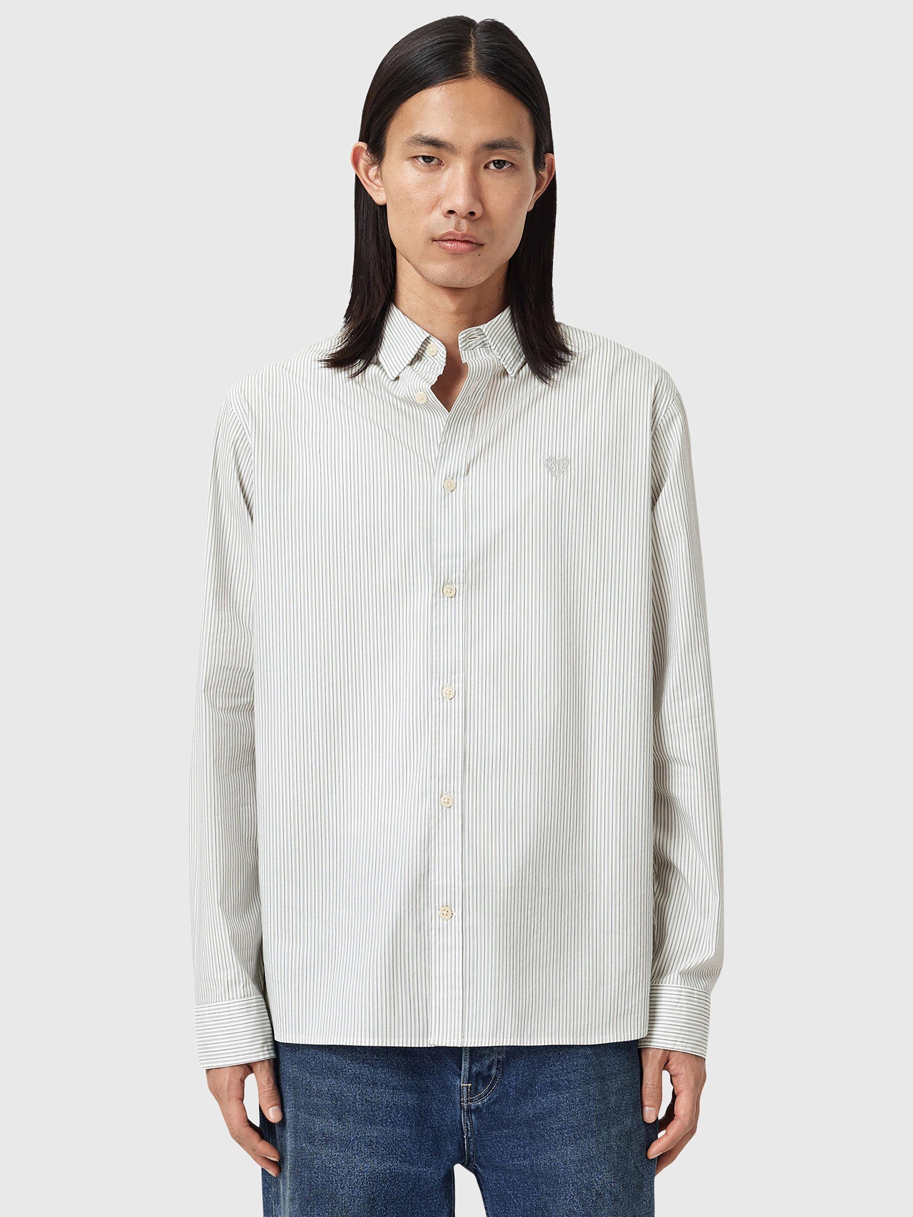 Product image 1 of 8, which shows AllSaints Nolan Stripe Cotton Blend Shirt, White, XS