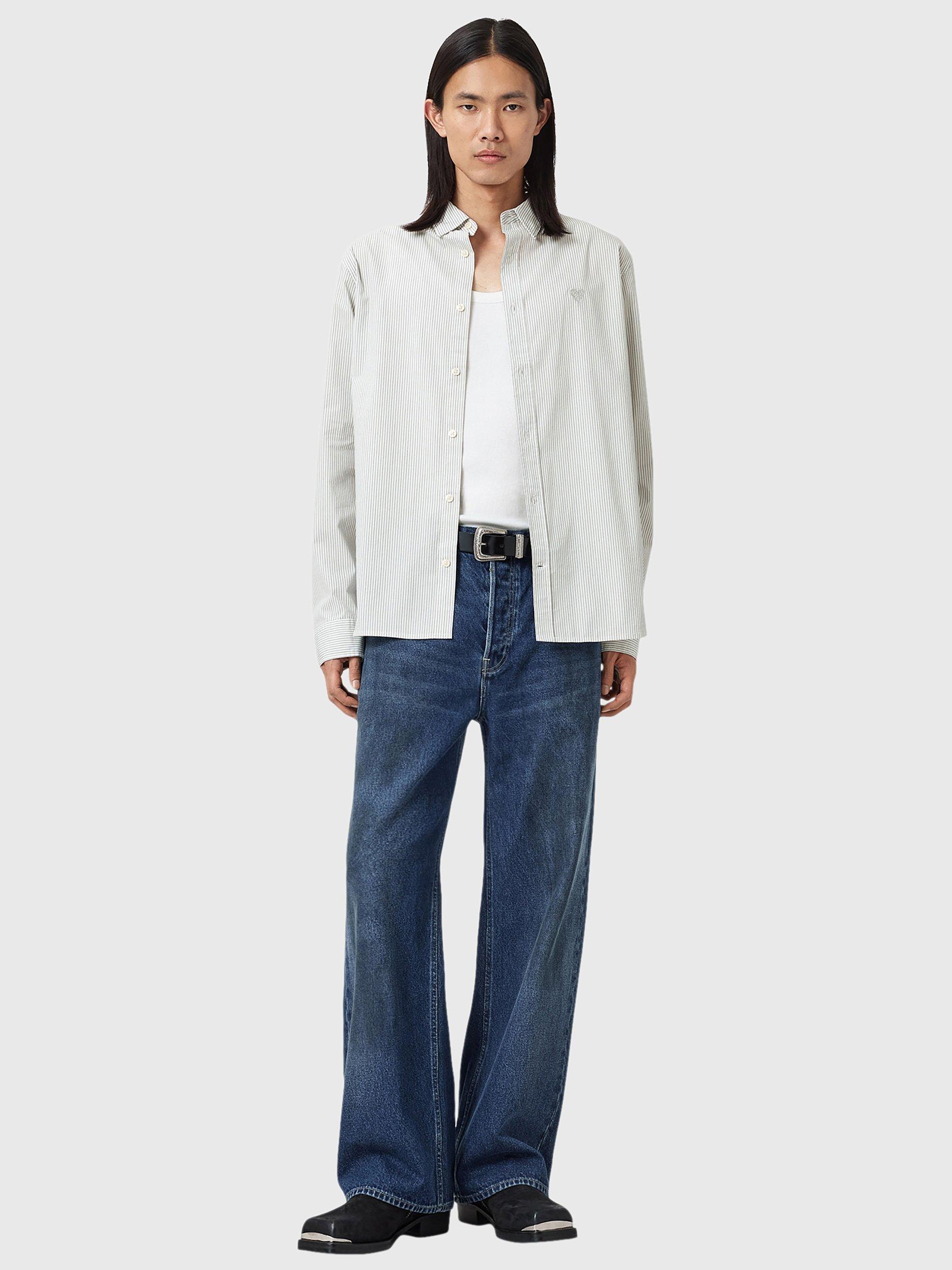 Product image 3 of 8, which shows AllSaints Nolan Stripe Cotton Blend Shirt, White, XS