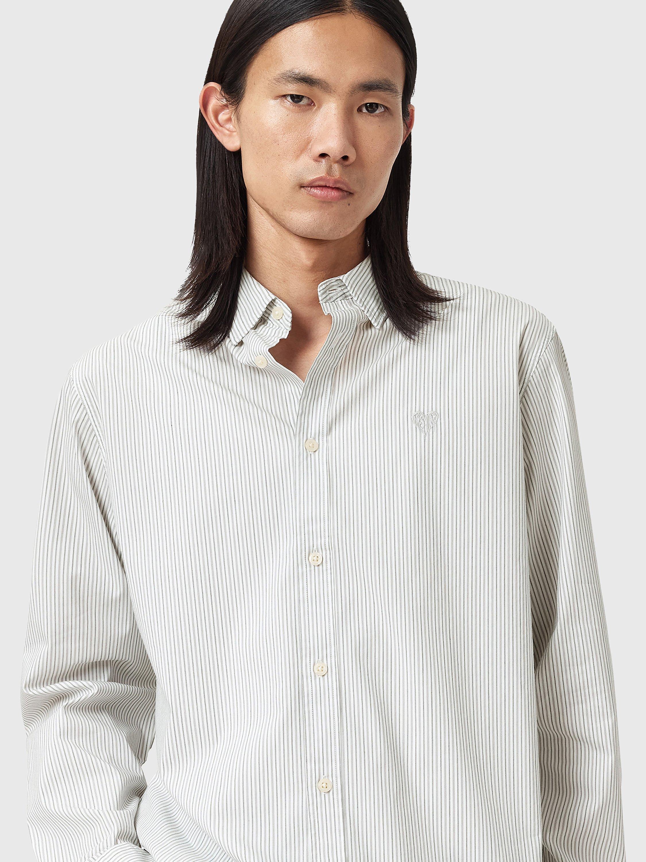 Product image 6 of 8, which shows AllSaints Nolan Stripe Cotton Blend Shirt, White, XS