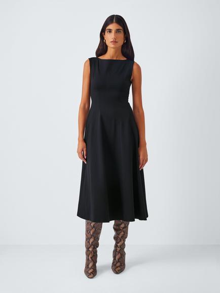 John Lewis Sleeveless Panelled Fit & Flare Ponte Midi Dress, Black