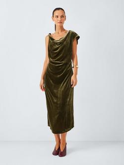 John Lewis Sleeveless Drape Velvet Midi Dress, Olive, Olive