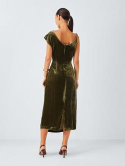John Lewis Sleeveless Drape Velvet Midi Dress, Olive - view 2, Olive