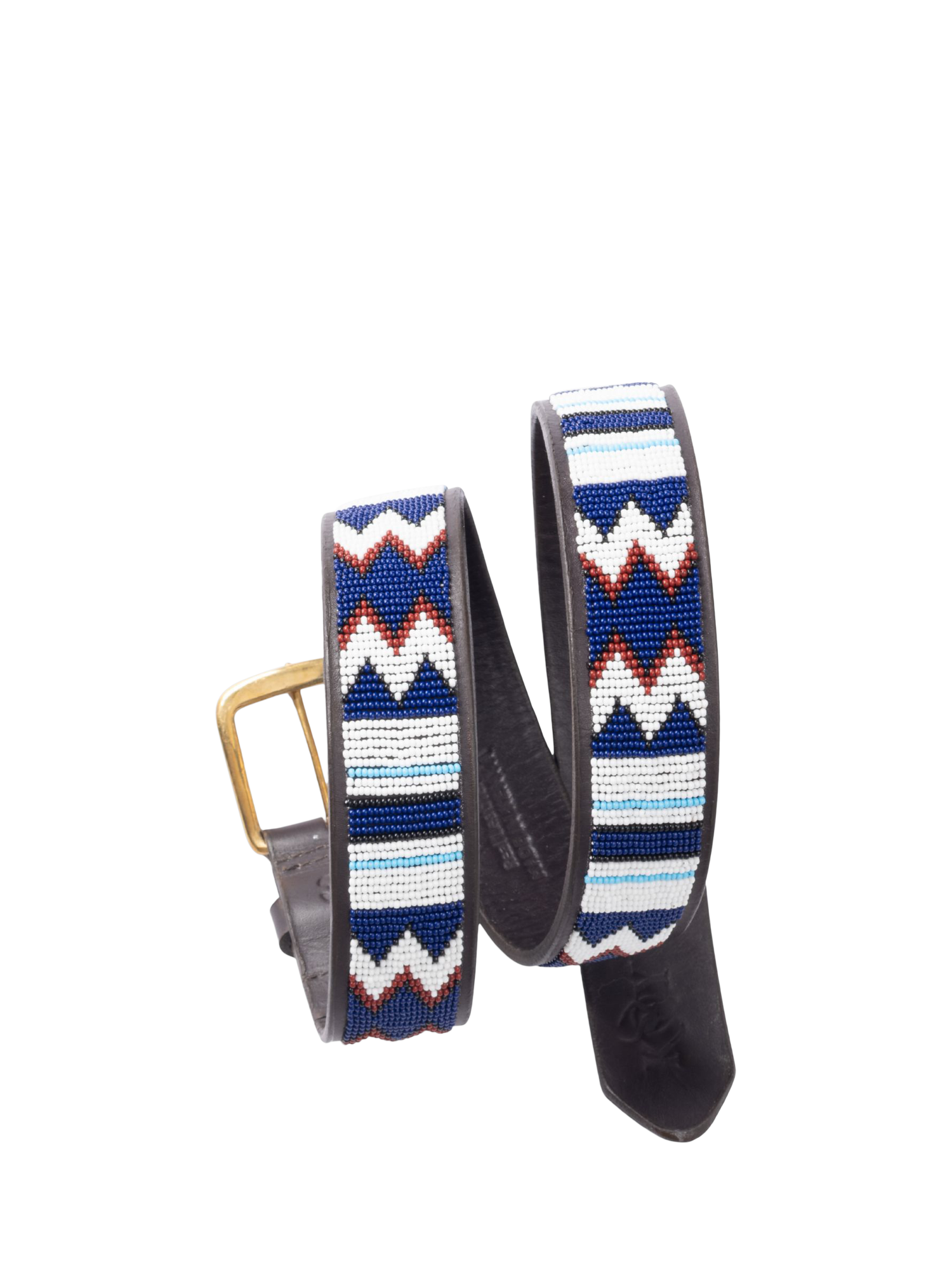 Product image 1 of 5, which shows KOY Maasai Beaded Leather Belt, Blue/Brown, 32