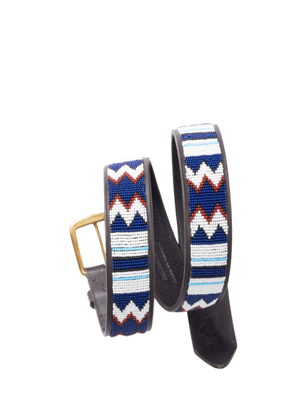 KOY Maasai Beaded Leather Belt, Blue/Brown