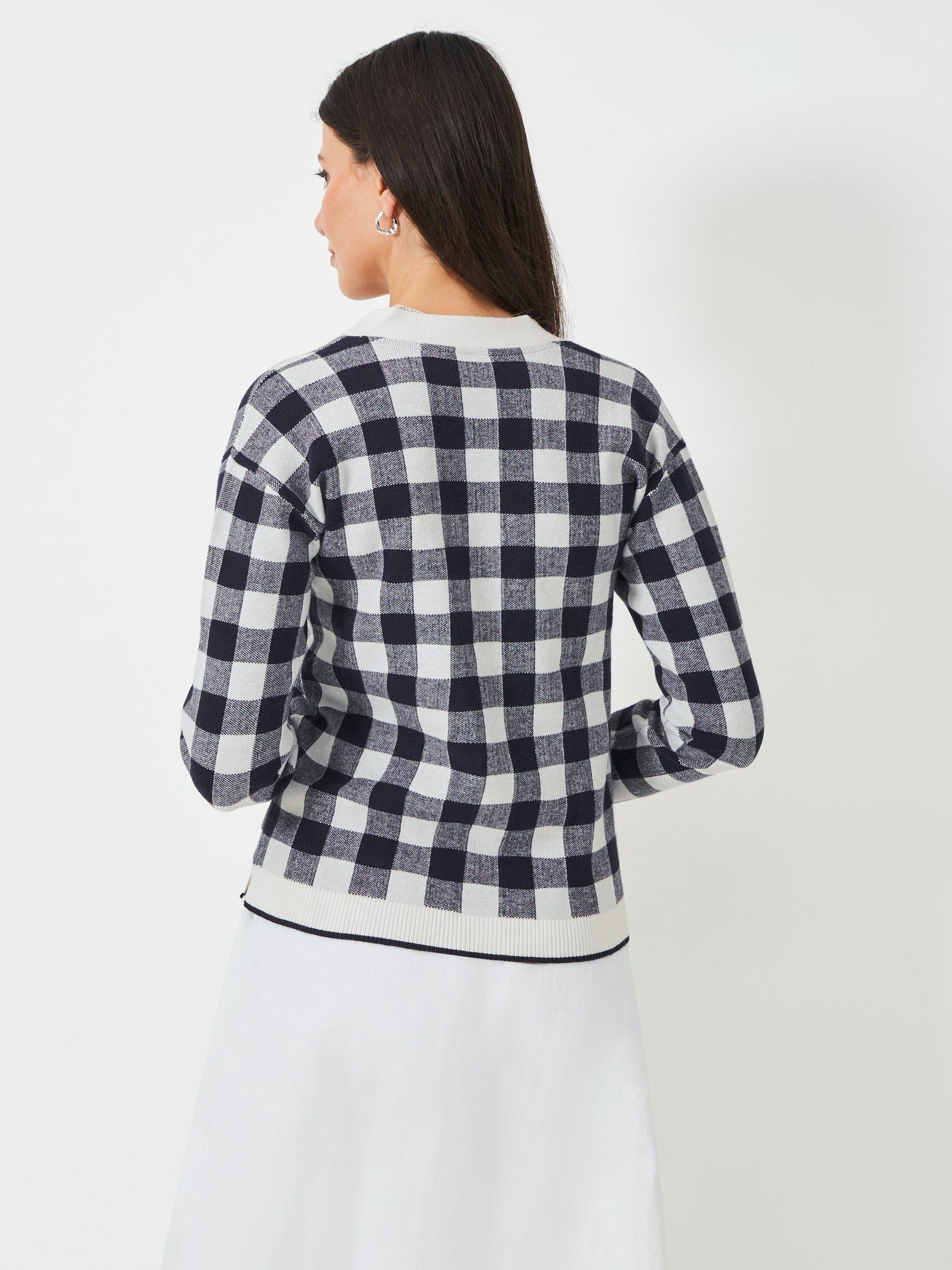 Product image 2 of 6, which shows Crew Clothing V-Neck Checkered Cardigan, Navy Blue, 10