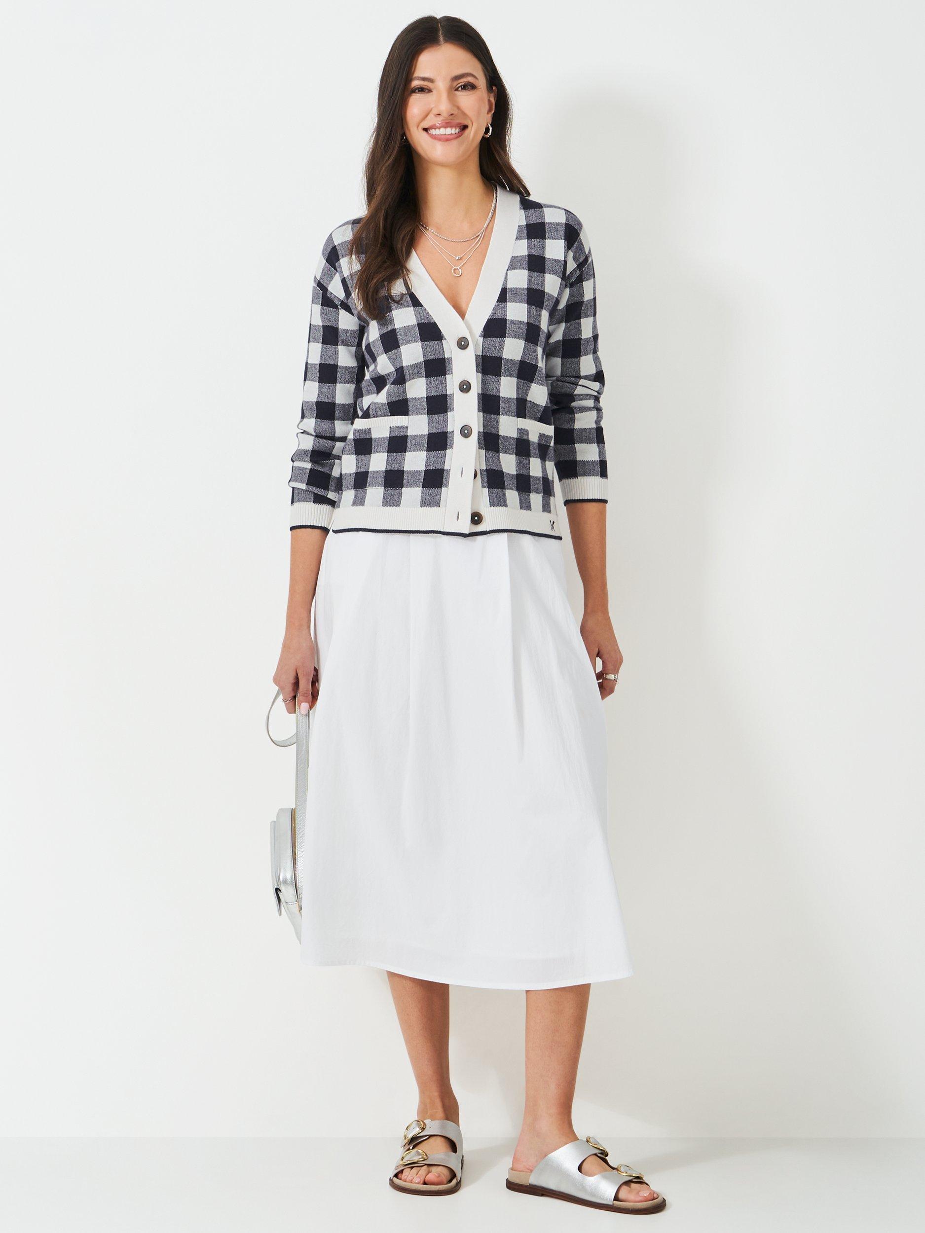 Product image 3 of 6, which shows Crew Clothing V-Neck Checkered Cardigan, Navy Blue, 10