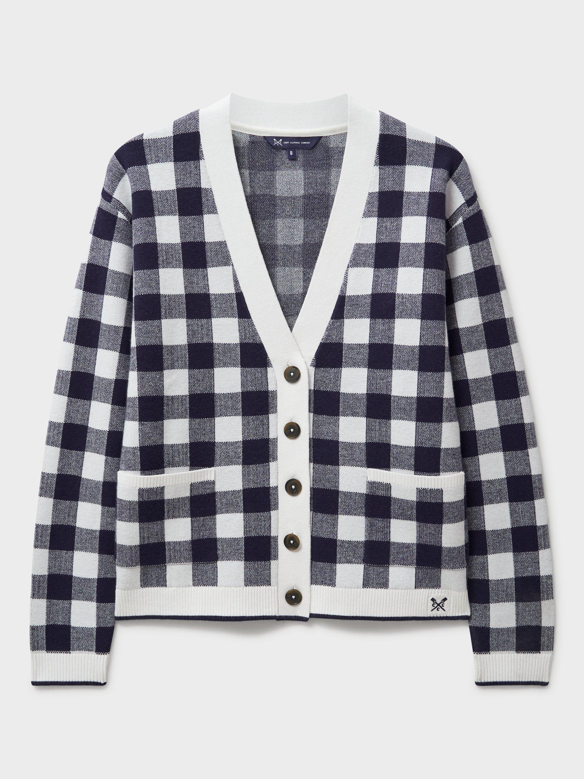 Product image 5 of 6, which shows Crew Clothing V-Neck Checkered Cardigan, Navy Blue, 10