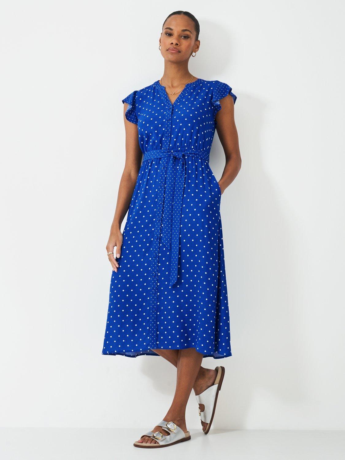 Product image 1 of 5, which shows Crew Clothing Dot Contrast Trim Midi Dress, Blue/White, 10
