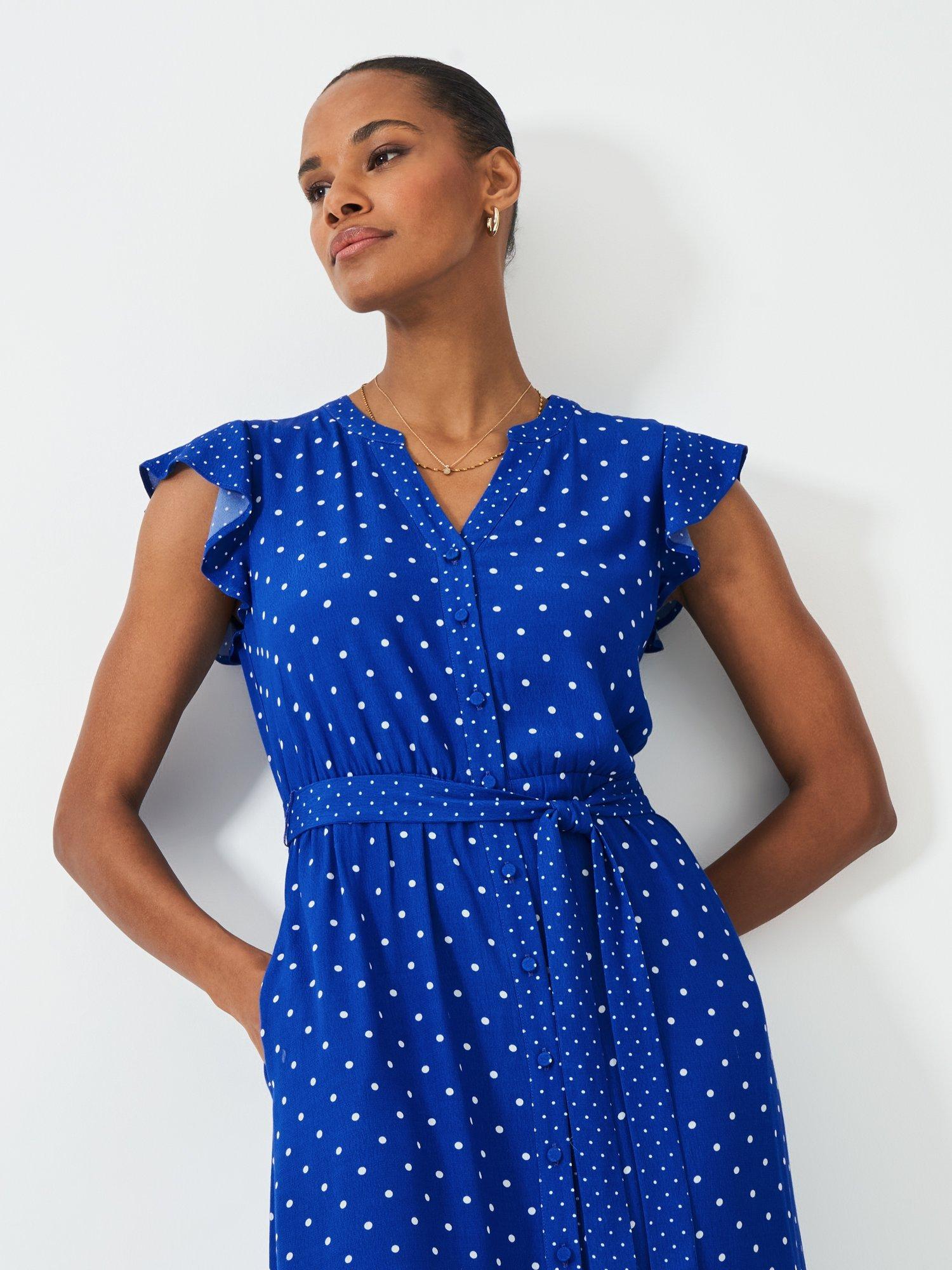 Product image 3 of 5, which shows Crew Clothing Dot Contrast Trim Midi Dress, Blue/White, 10
