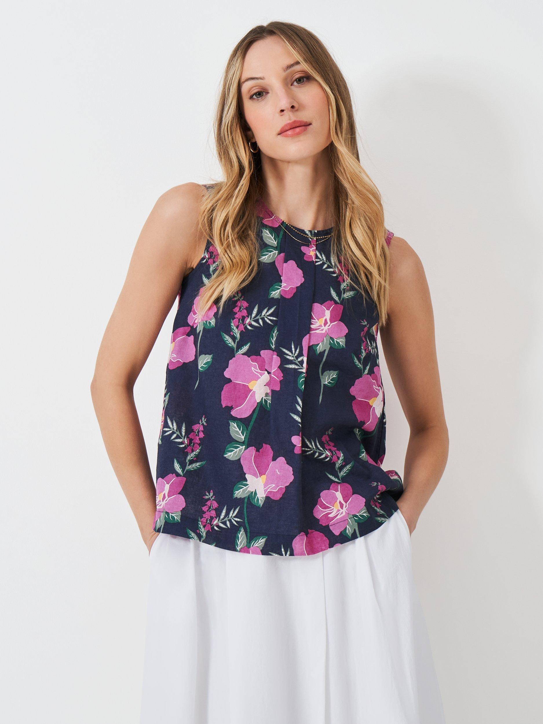 Product image 1 of 5, which shows Crew Clothing Estelle Floral Sleeveless Cotton Blouse, Multi Blue, 8
